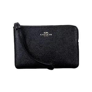 COACH Corner Zip 16 Crossgrain Leather Wristlet Clutch for Women in Black