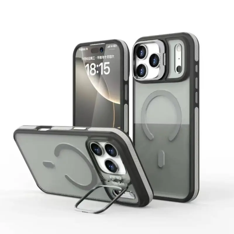 Kickstand Magnetic Phone Case for iPhone 17/16/15/14/13/12/11 Pro Max Plus Air, TPU+Acrylic Matte Transparent Black Cover with Color Contrast Border