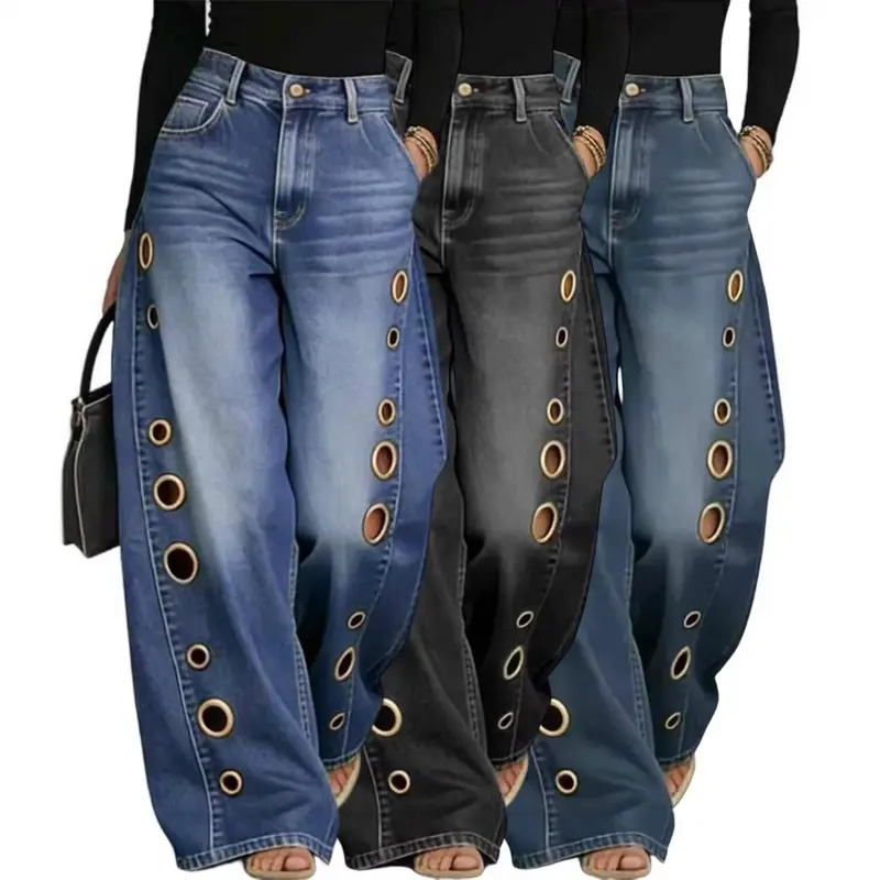 Spring and summer new metal European and American women's clothing solid color horse slip loose jeans,clothes for back to school,first day of school outfits