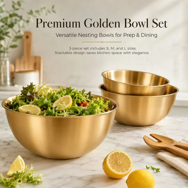 3 Pack Gold Stainless Steel Versatile Nesting Mixing Bowl Set, Stackable Metal Salad Bowls for Kitchen Prep, Cooking, Serving & Food Storage