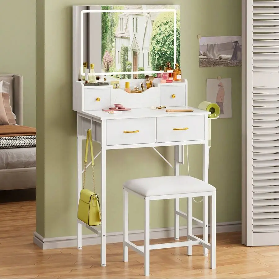 Tomnk 60cm Large Mirror Vanity Table With 4 Fabric Drawers & Stool, White Makeup Dressing Desk With Power Outlet, 3 Color Adjustable Brightness LED Mirror (Powered By USB), Holiday Gift For Women Girls, Modern Glam Furniture For Bedroom