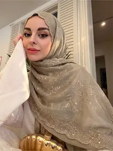 1pc Georgette Hijab Scarf, Elegant Floral Embroidery, Women's Plain Design Headwrap, Muslim Fashion Turban, Breathable Long Shawl