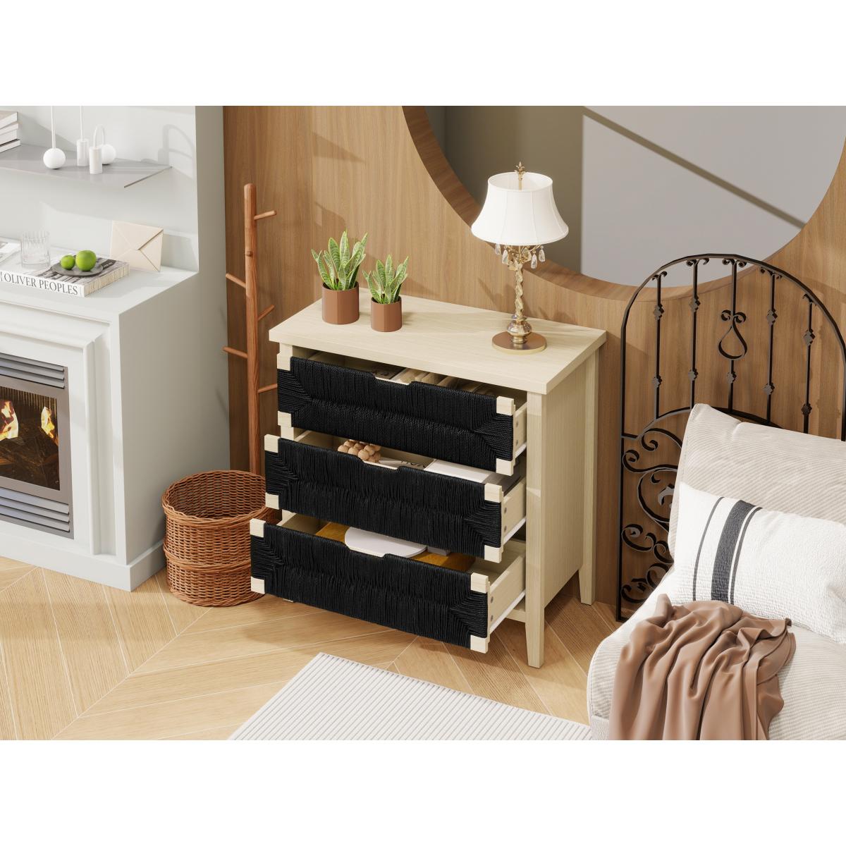 3 Drawer Buffet Sideboard with Adjustable Shelves, Storage Cabinet with Hand-woven rope decorated drawers for Living Room Kitchen Entryway