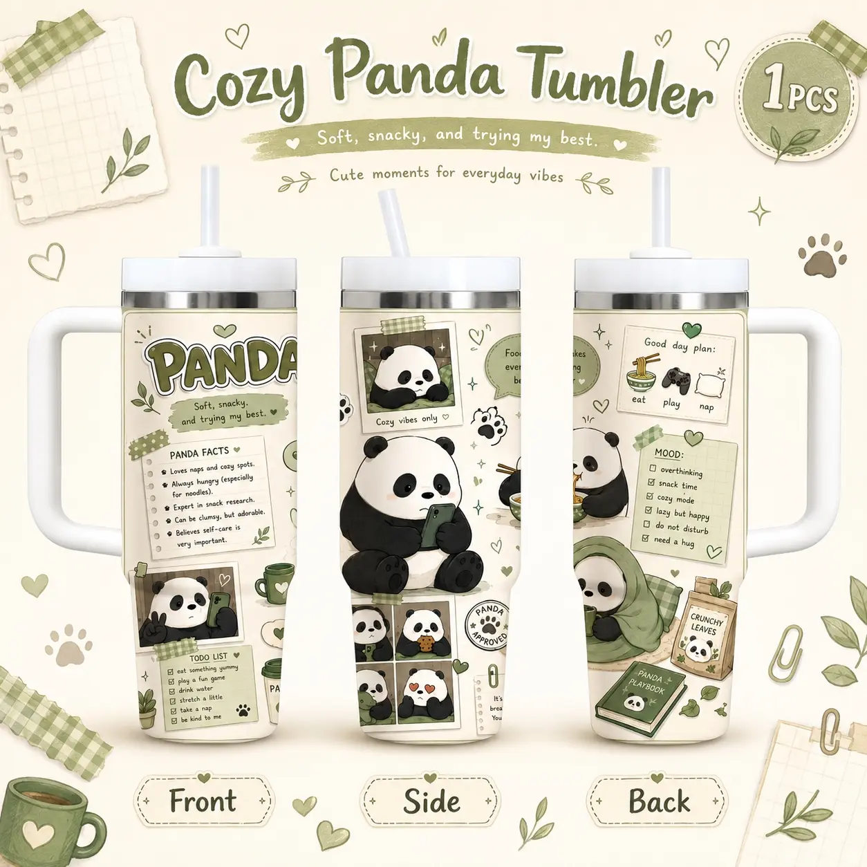 Cute Lazy Panda Scrapbook Collage Vacuum Flasks 40oz Stainless Steel Vacuum Insulated Tumbler with Handle & Straw | Long-Lasting Cold & Heat Retention, Leak-Resistant | For Iced Coffee, Water, Office, Gym & Travel
