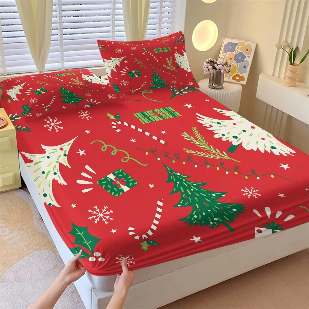 Festive Cartoon Christmas Tree Bed Sheet Set, Candy Box Star Snowflake Design, 9.8 Inch Deep Edge Elastic Bed Cover, Three-Piece Set