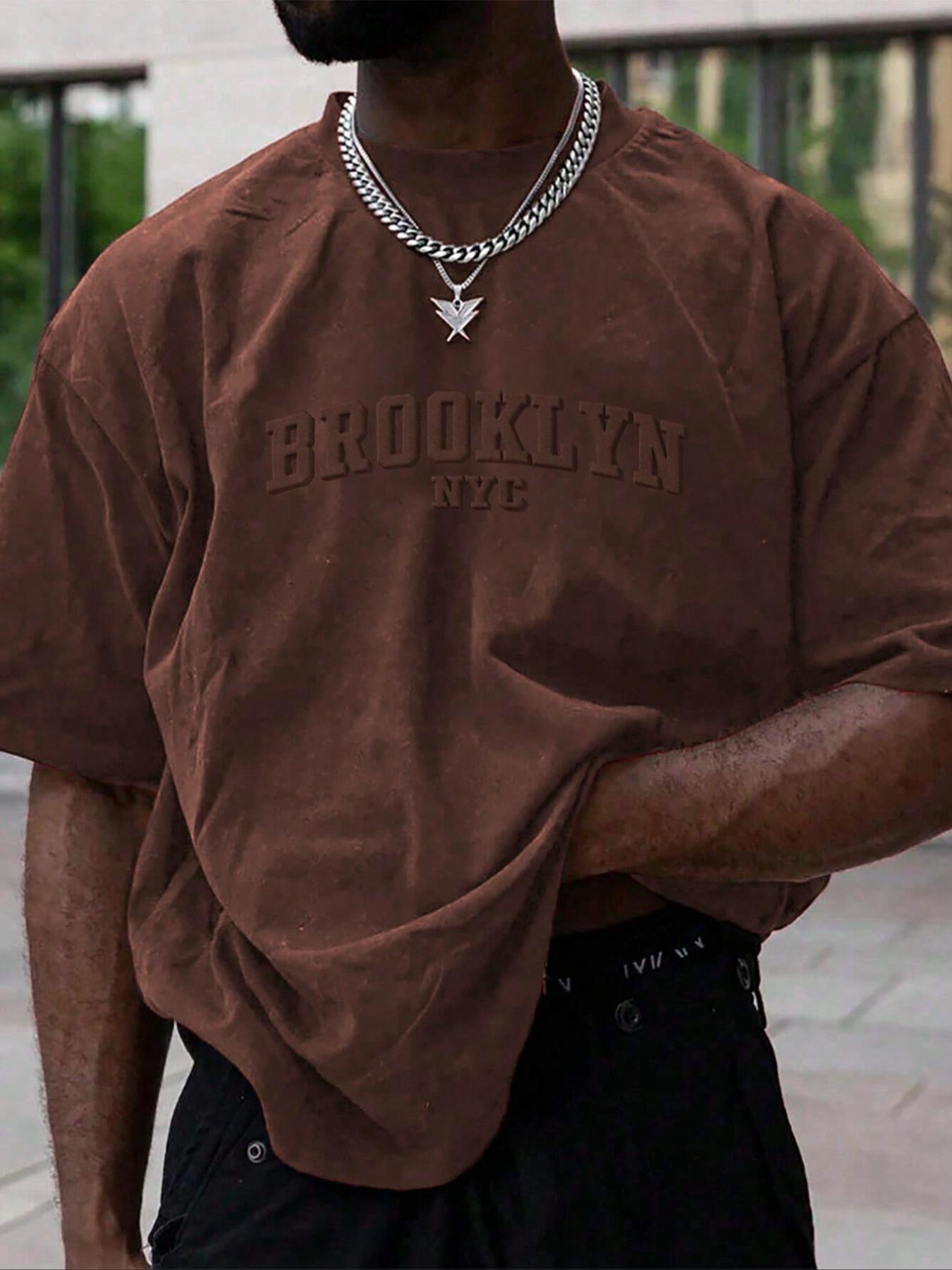 Men's Plain Letter Embossed  Drop Shoulder Tee, Regular Fit Casual Short Sleeve Round Neck T-shirt for Summer, Fashion Men's Top for Daily Wear