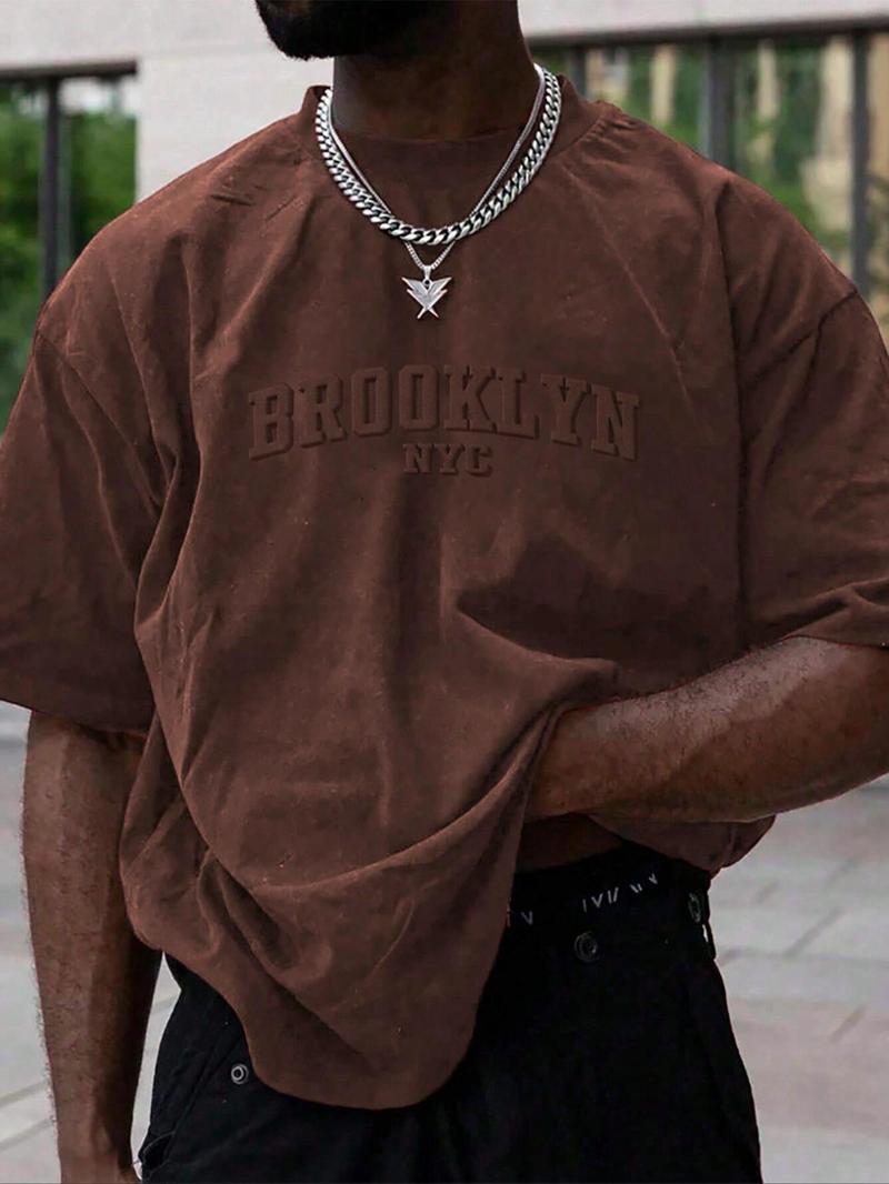 Men's Plain Letter Embossed  Drop Shoulder Tee, Regular Fit Casual Short Sleeve Round Neck T-shirt for Summer, Fashion Men's Top for Daily Wear