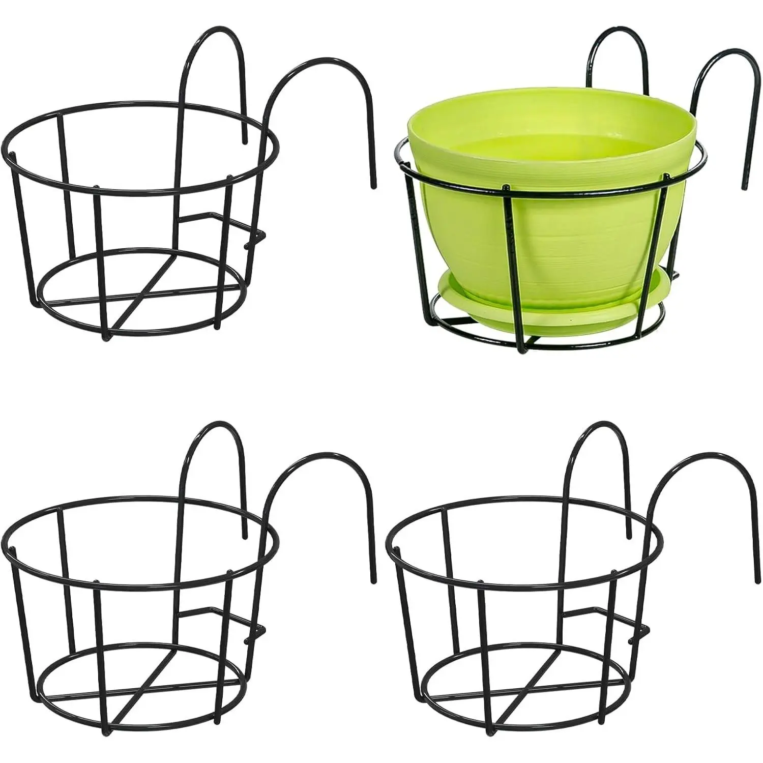 4 Pack Round Hanging Railing Planters - Metal Flower Pot Holder for Balcony and Fence （Black）