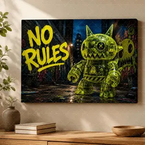 "No Rules" Urban Street Art Canvas Wall Art, Neon Green Transparent Monster Print, Graffiti & Cyberpunk Aesthetic, Living Room Bedroom Office Decor, Edgy Statement Poster Gift,wall decor,poster.