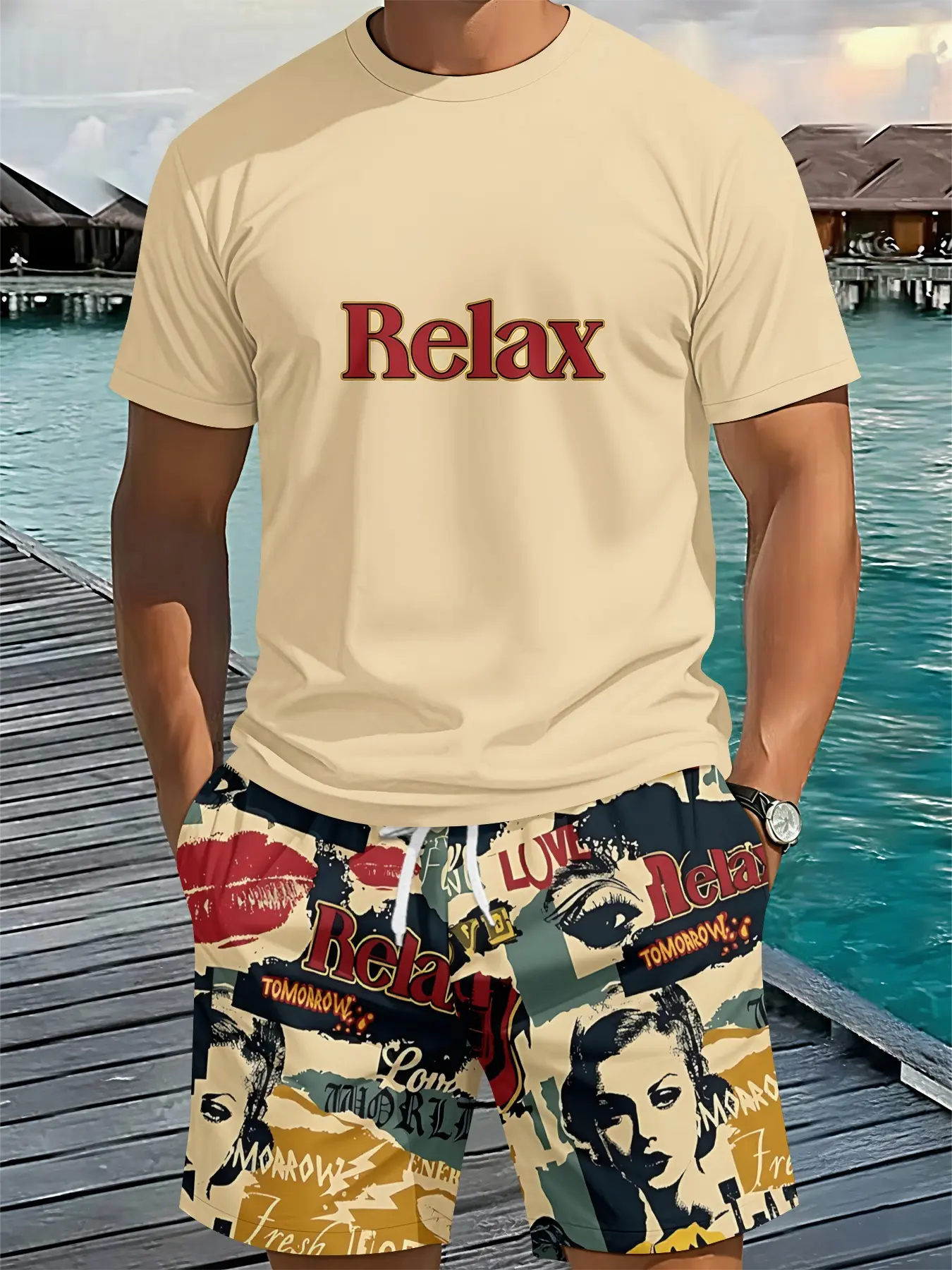 Men's Retro Collage Portrait Printed Casual Set, Matching Outfits Set, Round Neck 3D Digital Printed 2-Piece Outfit, Retro Casual Wear for Vacation, Breathable Sporty Casual Fashion Style, Festival Gift for Men