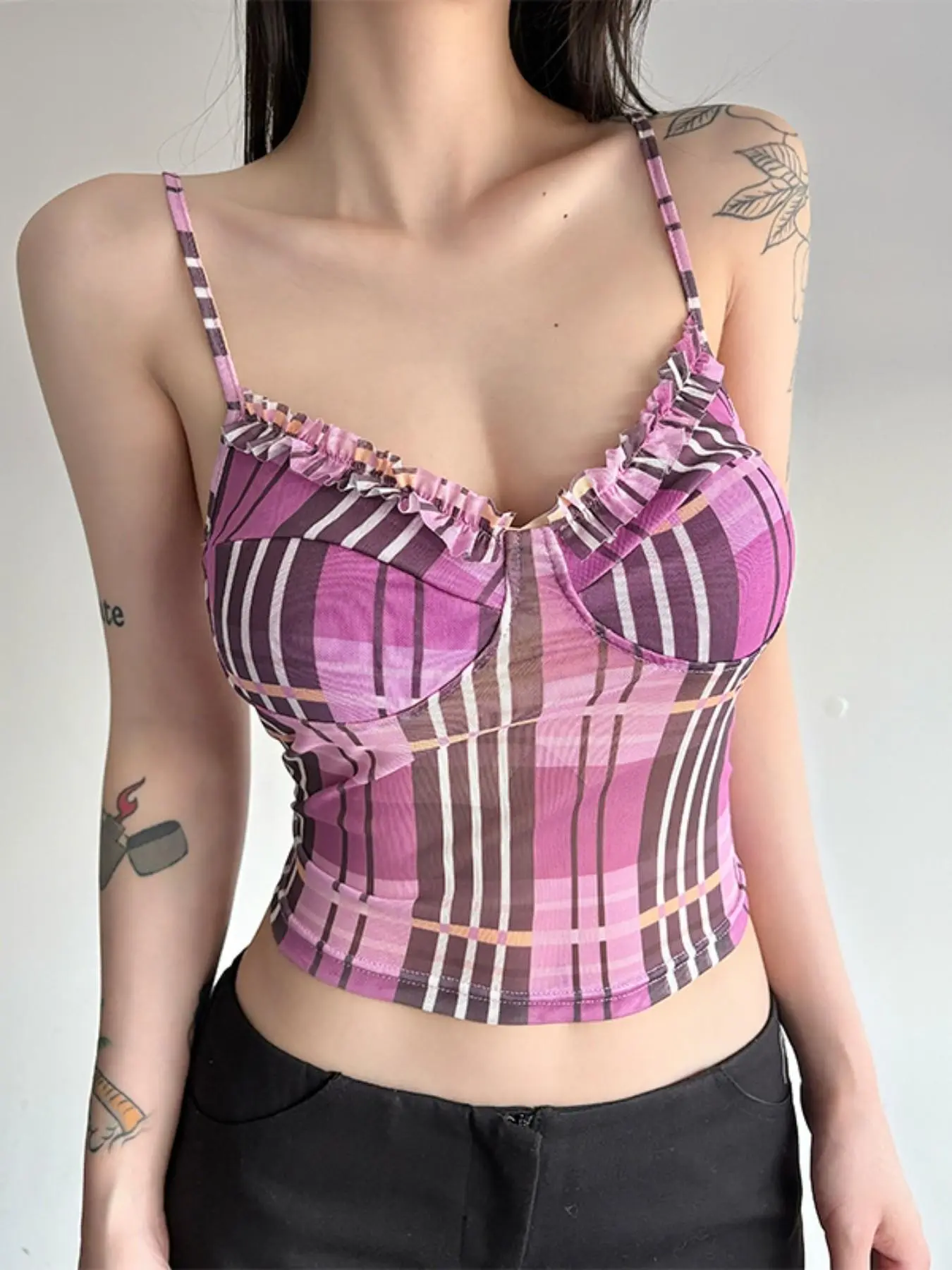 Plaid Mesh Crop Cami Top, Women's Ruffle Trim V Neck Bustier, Adjustable Strap Sheer Sleeveless Tank Top, Perfect for Going Out