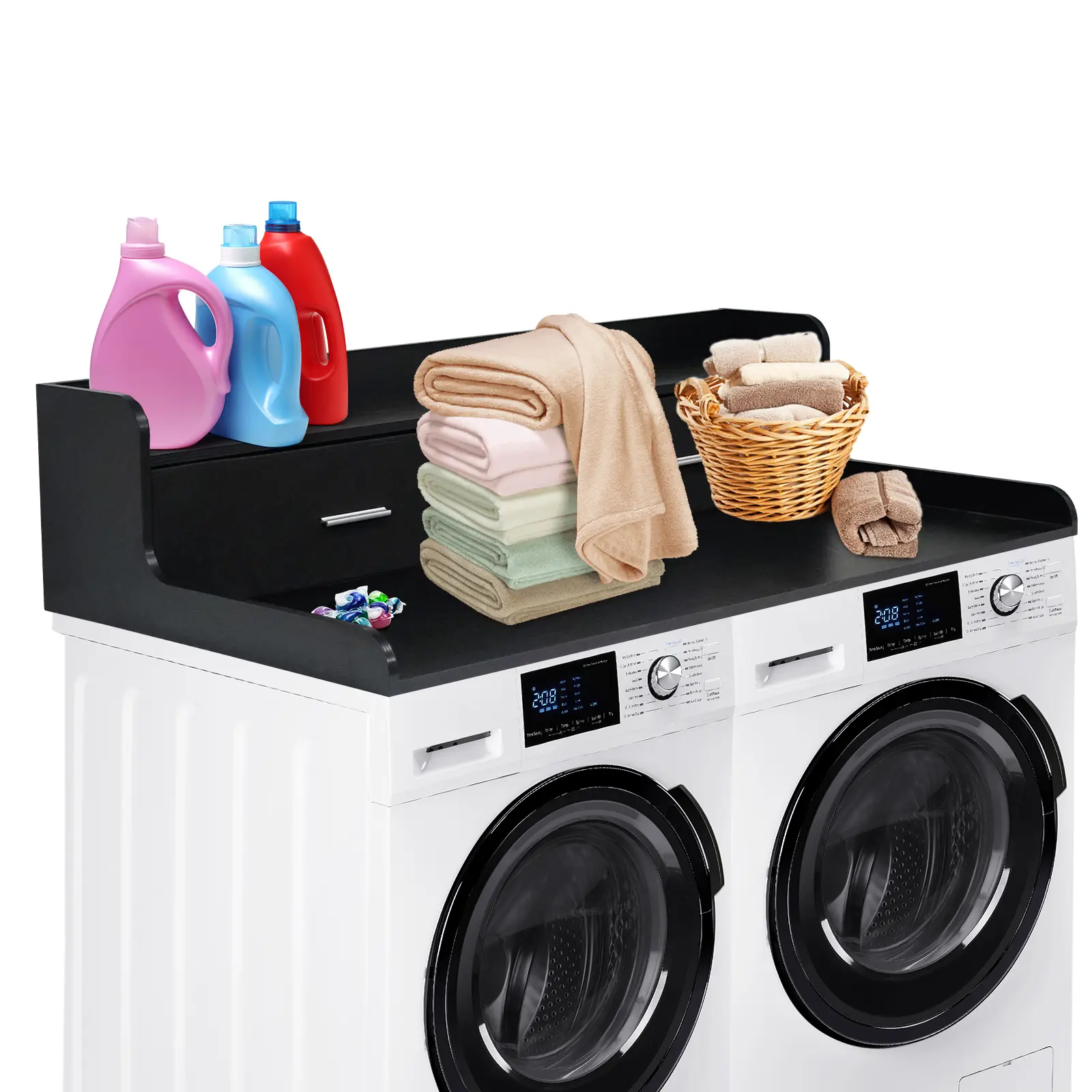 Space-Saving Laundry Countertop Organizer - 54'' Washer and Dryer Top Shelf with 2 Storage Drawers, Edge Rails, Space-Saving Folding Station, Waterproof, Non-Slip - Black MDF