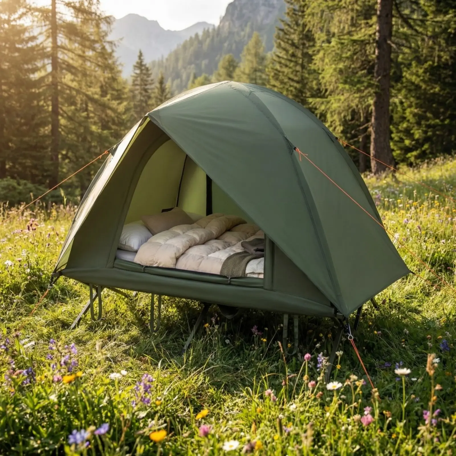 2-Person Foldable Camping Cot Tent Set, Portable Elevated Sleeping Bed with Wheeled Bag, Mesh Double Doors & Skylight, Outdoor Off-Ground Shelter Combo for Adults