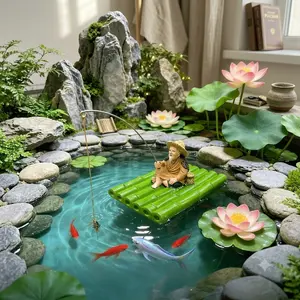 New Zen Home Decor Sculpture, Floating Bamboo Raft Fisherman Statue, Ideal for Water Feature Decoration, Complete Set