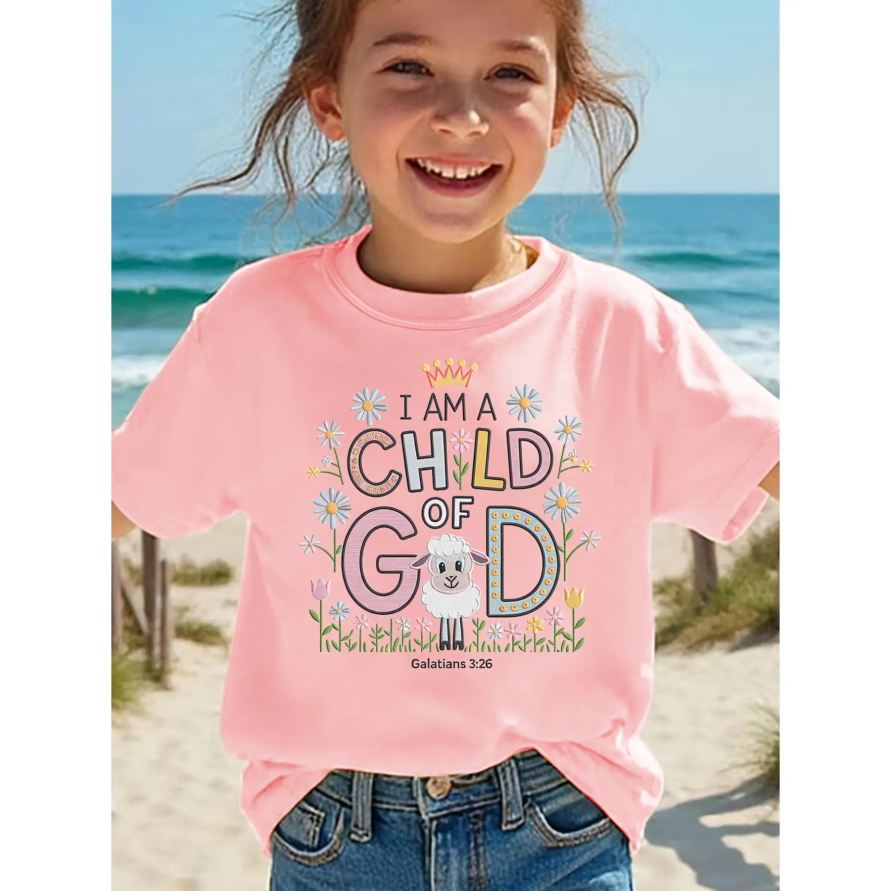Girls' Casual Sports Graphic Printed Tee - Summer Short Sleeve, Child of God Text, Floral Print, Cartoon Lamb, Girls Clothes, Casual Fits, Style NYDX5794