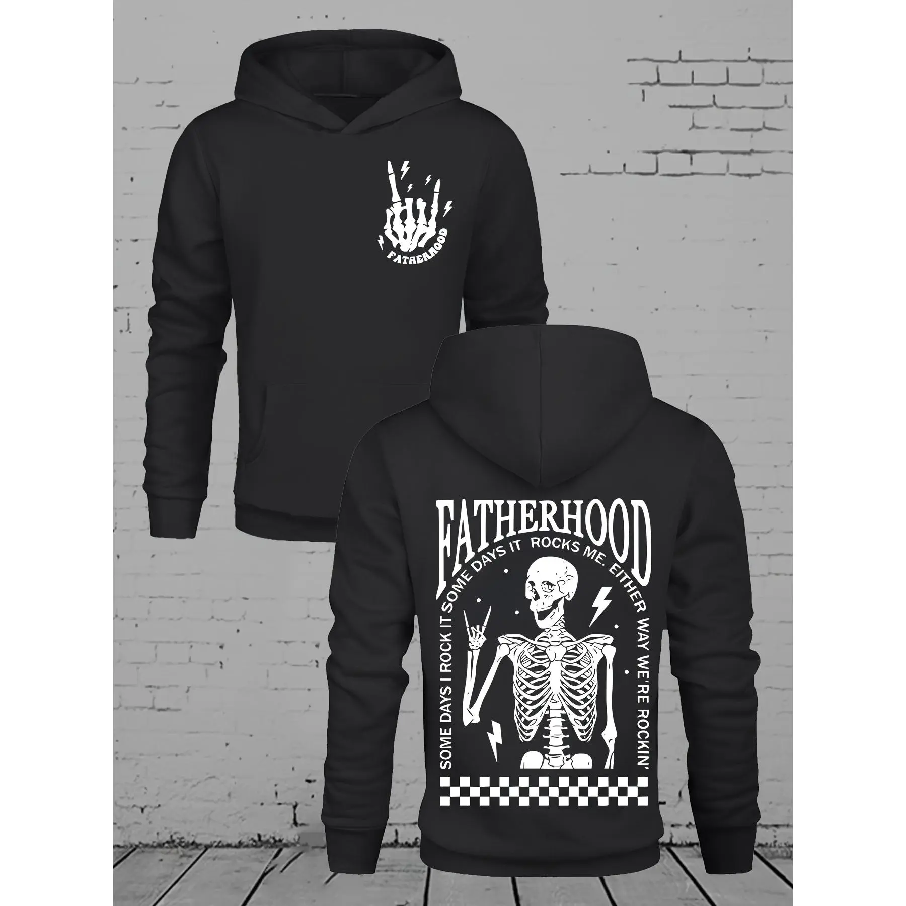 Men'S Funny Fatherhood Graphic Hoodie| Fatherhood Rocks Me More Than Me Rocks Skeleton Design, Heavyweight 270g Fleece Pullover, Loose Fit, Casual Wear, Bold Print, Soft Material, Unisex, Ideal for Everyday & Father'S Day Gifts, Streetwear Fashion