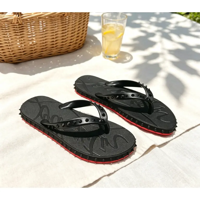 Unisex Red Bottom Rivet No Heel Flip Flops, Odor Resistant Easy Clean Water Resistant Sandals For Indoor Shower Home Use Beach Trip Lake Camping Outdoor Gathering Summer Essential White Slip On Shoes,portable,slip-resistant,rain