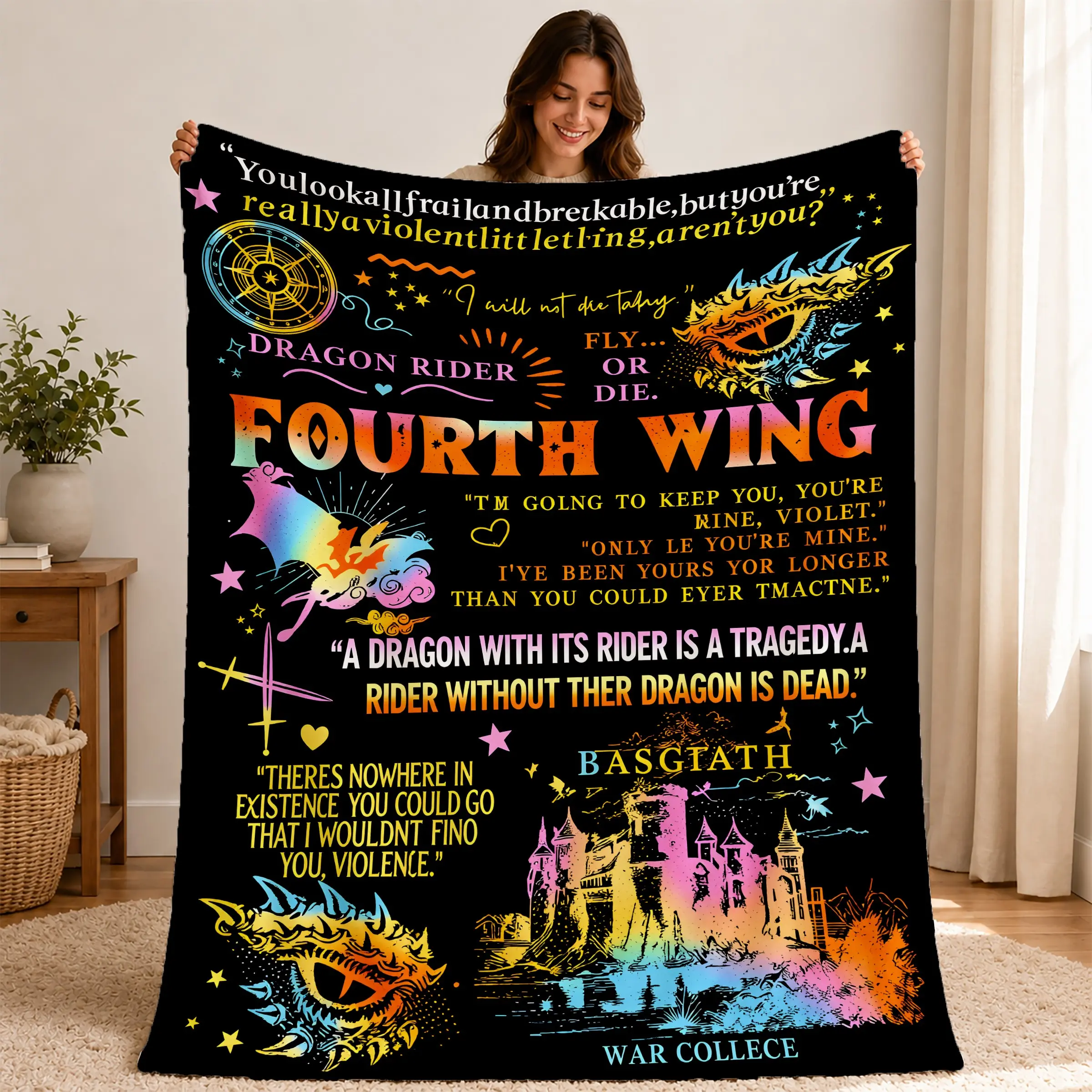 Fourth Wing Basgiath War College Dragon Rider Quote Collage Flannel Throw Blanket, Soft Decor Gift for Book Lovers, Fantasy Book Dragon Design