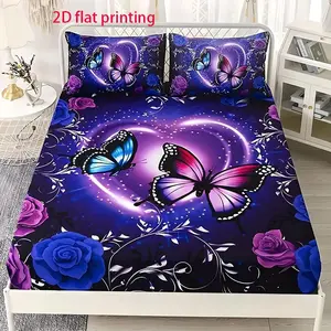 3pcs Purple Butterfly Printed Bedding Set, Bedsheet Sets, Bedsheets Set, Breathable, Soft, All Seasons, Durable and Tear Resistant Polyester, Birthday Gift, Bedroom Hotel Decoration, Includes 1 Bed Sheet and 2 Pillowcases, No Fill