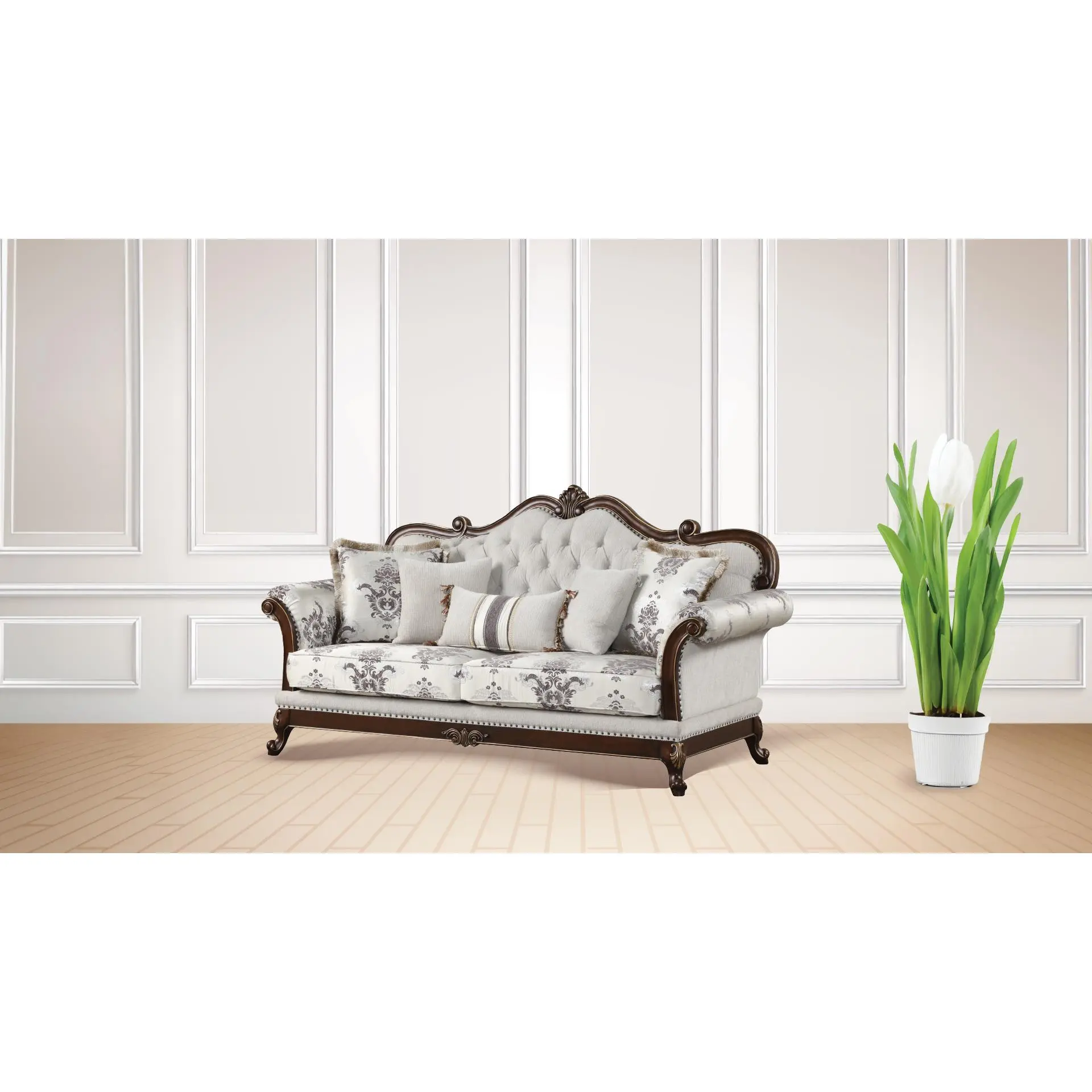 Nokaa Traditional 3-Seat Sofa Ivory Button Tufted Back Rolled Arm Wood Frame Polyester Upholstered Living Room Couch Medium-Firm Foam Heavy Duty Furniture for Primary Living Space