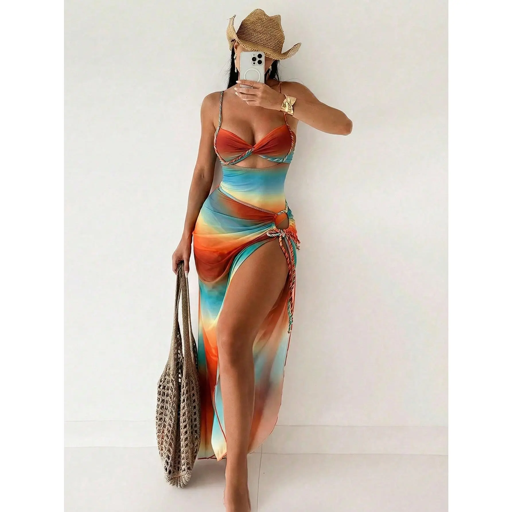 Summer Burnt Orange Boho Women 2pcs/Set Gradient Rope Strap Crop Top & Tie Side Beach Dress Bikini Set,Beach Vacation Holiday Rave Outfit Resort Wear