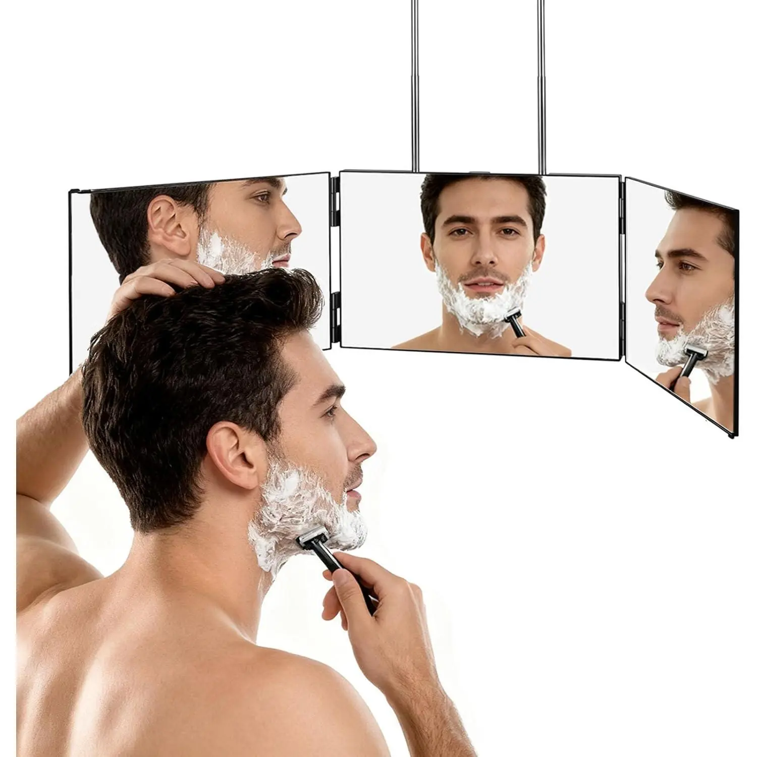 3 Way Mirror for Hair Cutting, 360 °   Self Haircut Mirror with Tri Fold Design, Adjustable Height Barber Mirror for Seeing Back of Head, Portable Hanging Mirror for Men
