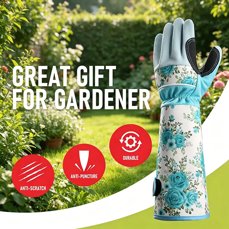 1Pair Women's Gardening Gloves, Thorn Proof Rose Gloves with Long Breathable Gauntlet, Durable Anti-Scratch Yard Garden Work Gloves, Blue Print,