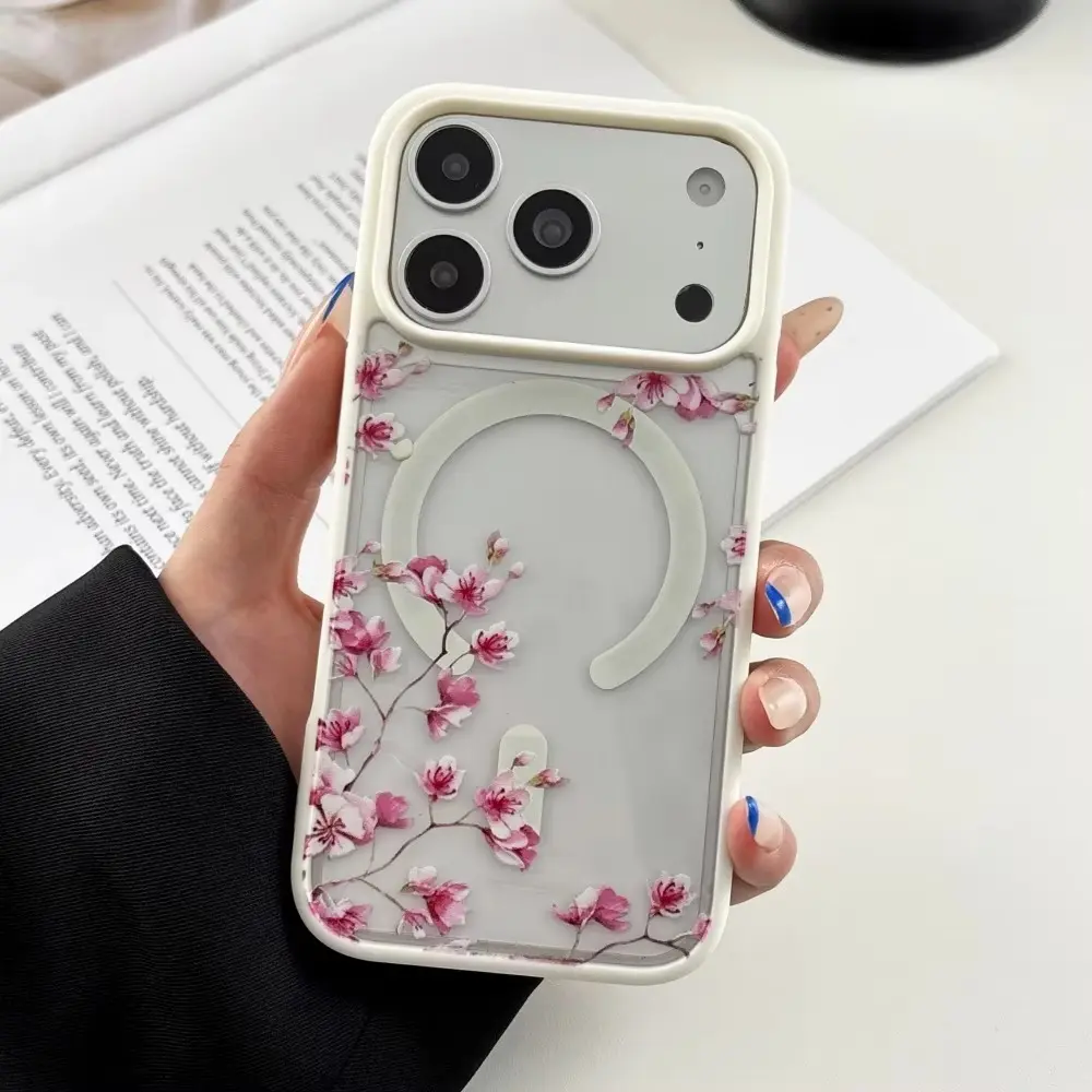 Trendy INS Style Pink Cherry Blossom Floral Clear Transparent Hard Case, MagSafe Magnetic Support Wireless Charging Full Camera Protective Anti-Drop Back Cover Compatible With Apple iPhone 12 13 14 15 16 17 Pro Max / Plus