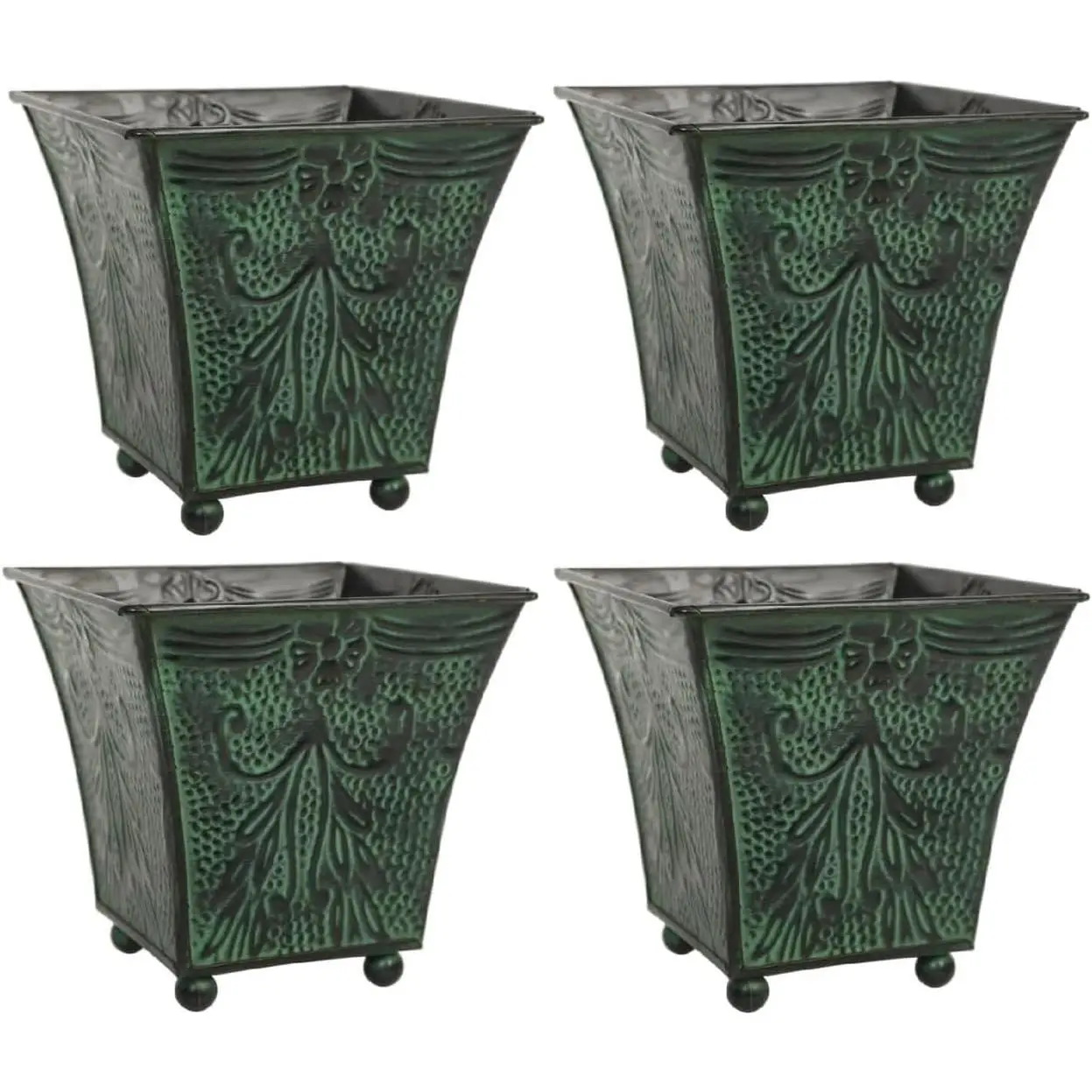 Set of 4 Green Patina Embossed Metal Planters with Ornate Floral Design, 5.25" L x 5.25" W x 5" H – Ideal for Floral Arrangements,  Décor, Garden Accents, Rustic Weddings.