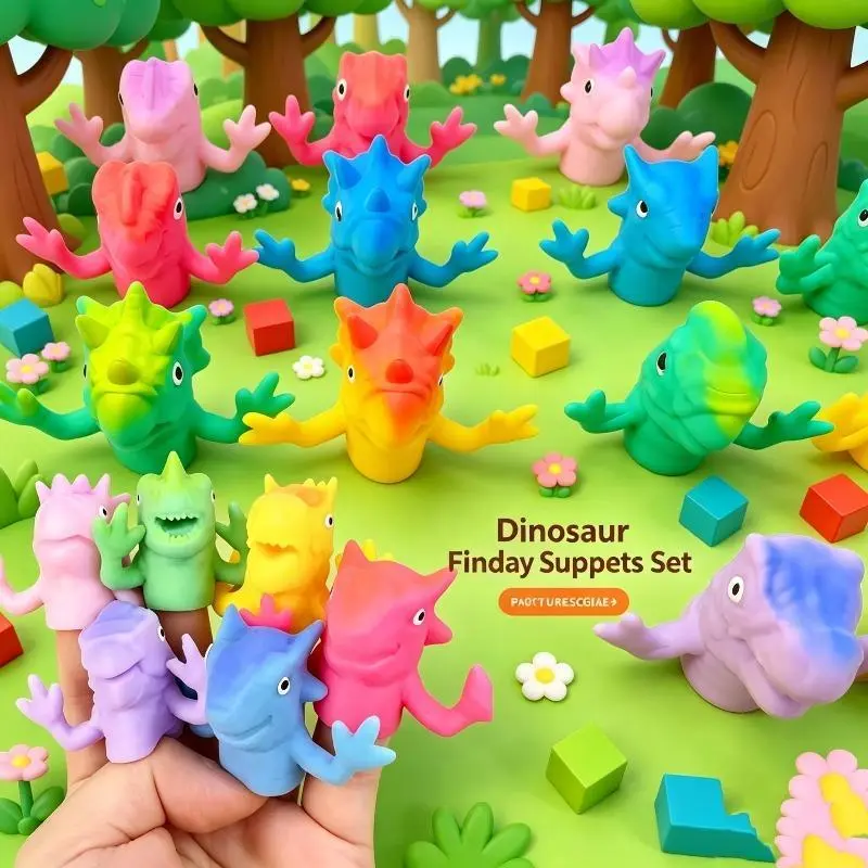 TPR Dinosaur Finger Puppet Set, Soft Rubber Animal Theme Toys for Kids, Ideal for Parent-Child Interactive Storytime Fun and Pretend Play (Stress Relief Toy)