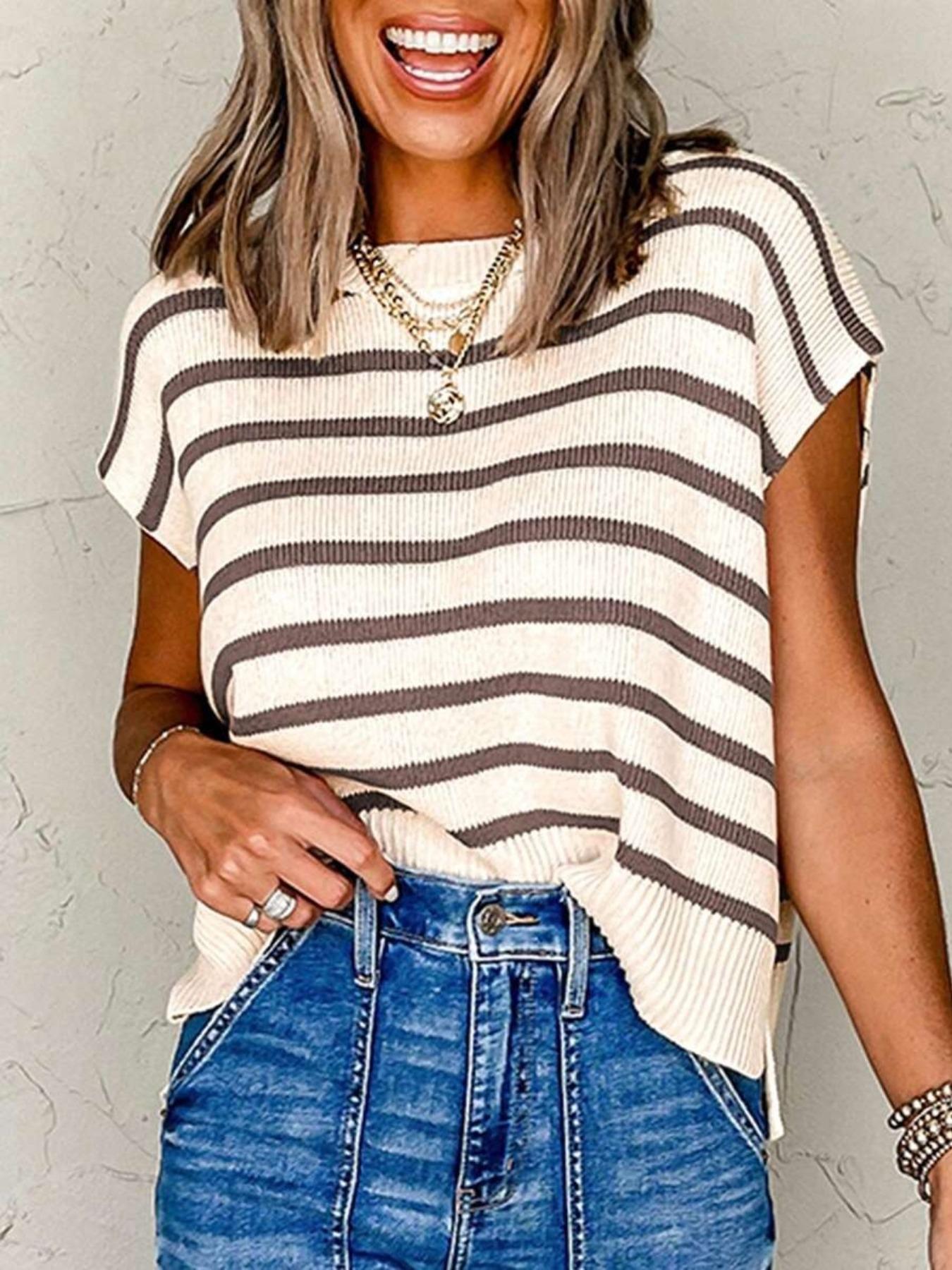 Women's Striped Print Crew Neck Sweater Pullover, Casual Jumper for Summer, Fashion Women's Knitwear for Daily Wear, Women Summer Tops, Oversized Knit Tops for Women