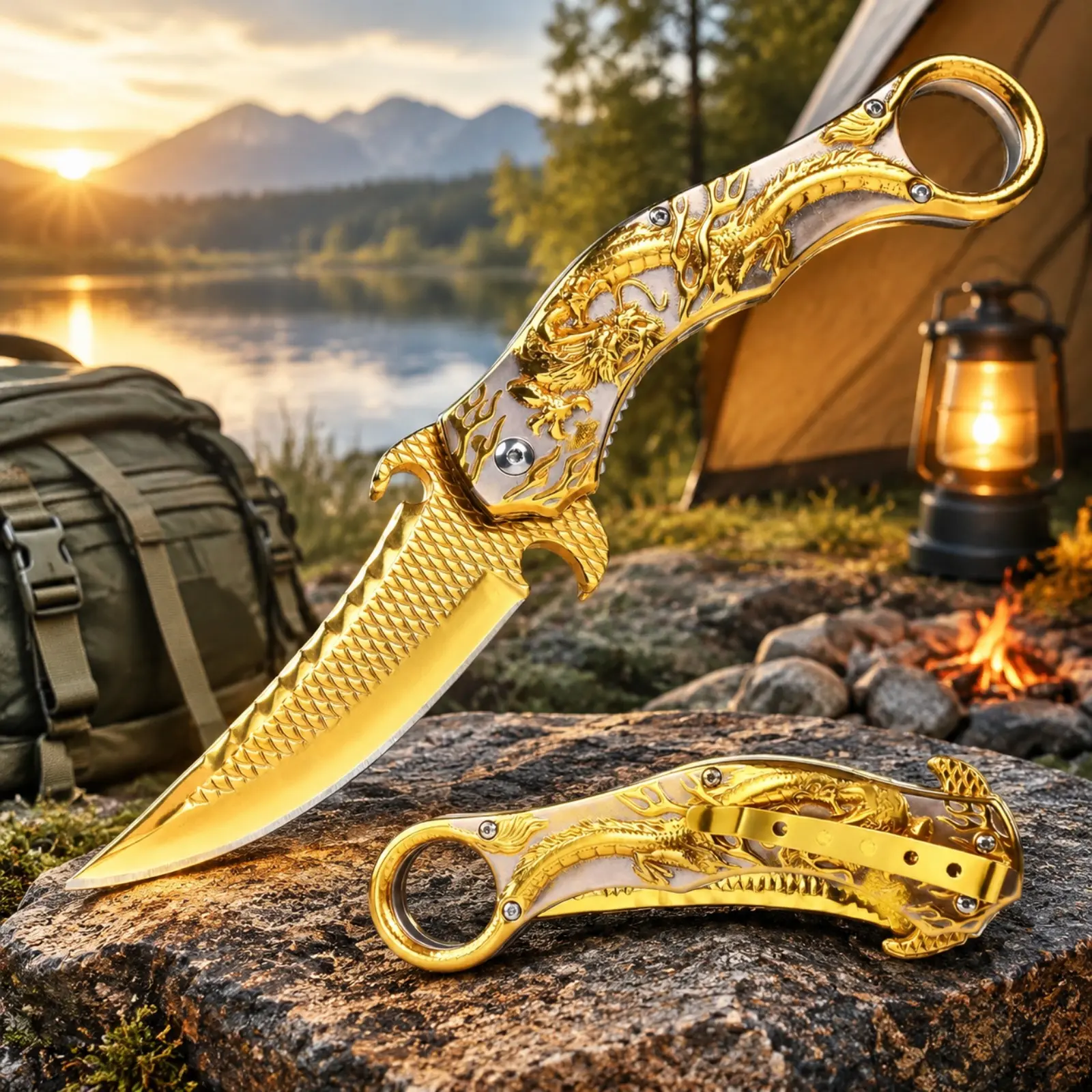 This vintage manual folding knife, adorned with a 3D dragon pattern, is an ideal choice for outdoor camping and a great Christmas and Father's Day gift for dads, husbands, and boyfriends.