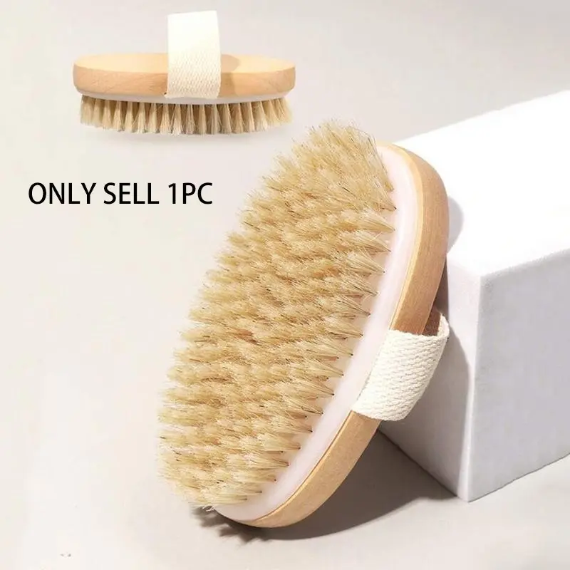 Natural Bristle Body Care Brush, Gentle Exfoliating Spa Bath Massager for Wet or Dry Skin, Handheld Wooden Hair Brush with Soft Dense Bristles, Comb, Essential Brush