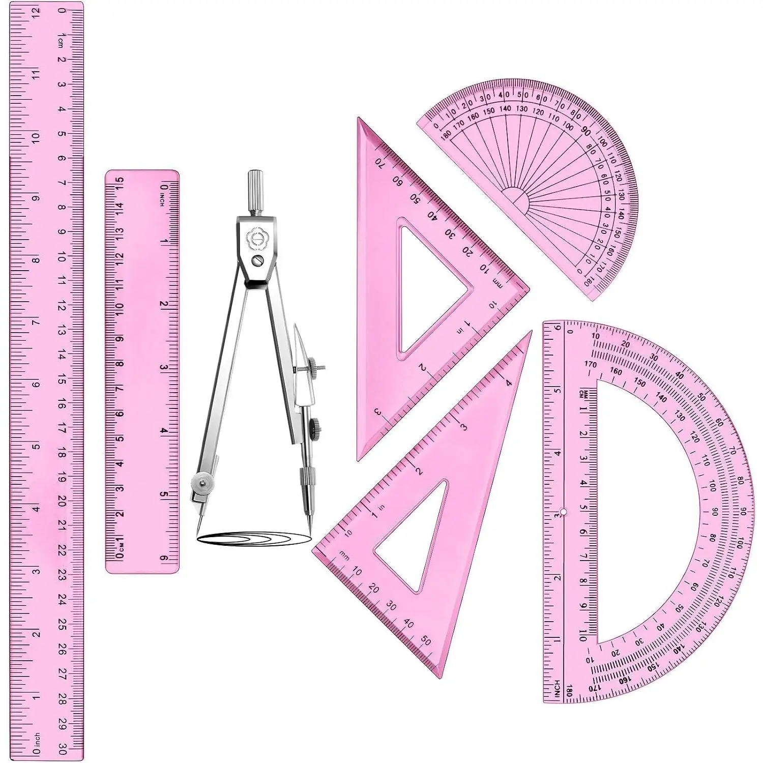 7-Piece Geometry Set with Drawing Compass, 6 & 4 Inch Protractors, Triangle Rulers and Straight Rulers, Transparent Math Drafting Supplies for Back to School, Students and Office Use (Pink)