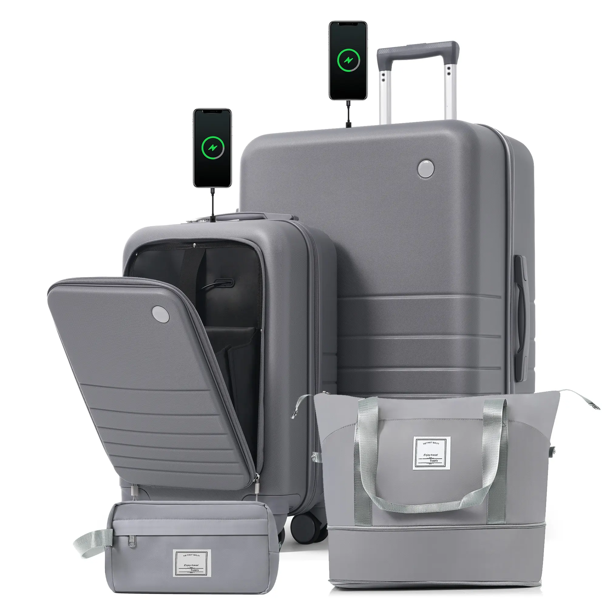ARCH 4-Piece Travel Gear Set Pack - ABS Plastic Hardshell Luggage with USB Ports, 20in Carry-On (Front-Opening Laptop Compartment), 28in Checked Suitcase, TSA Lock, Spinner Wheels, Travel Duffel, Wet-Dry Toiletry Bag, Grey