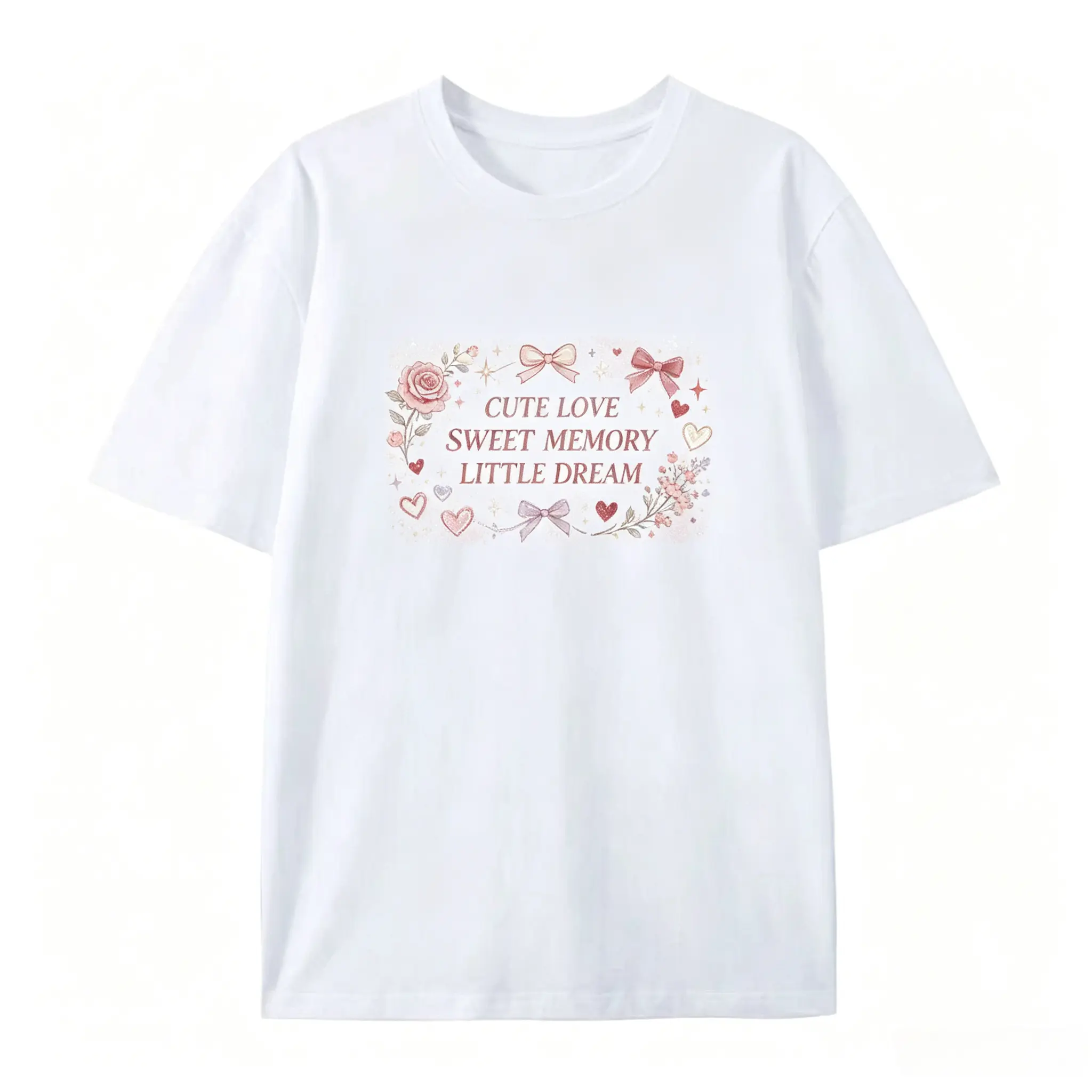 Pink Bow Rose Heart Cute Love Sweet Memory Floral Frame Graphic Oversized T-Shirt, Comfort 100% Cotton Fashion Outfit, Cute Romantic Top, Best Valentines Day Anniversary Gift For Him Her Lover Family Friends Couple Present