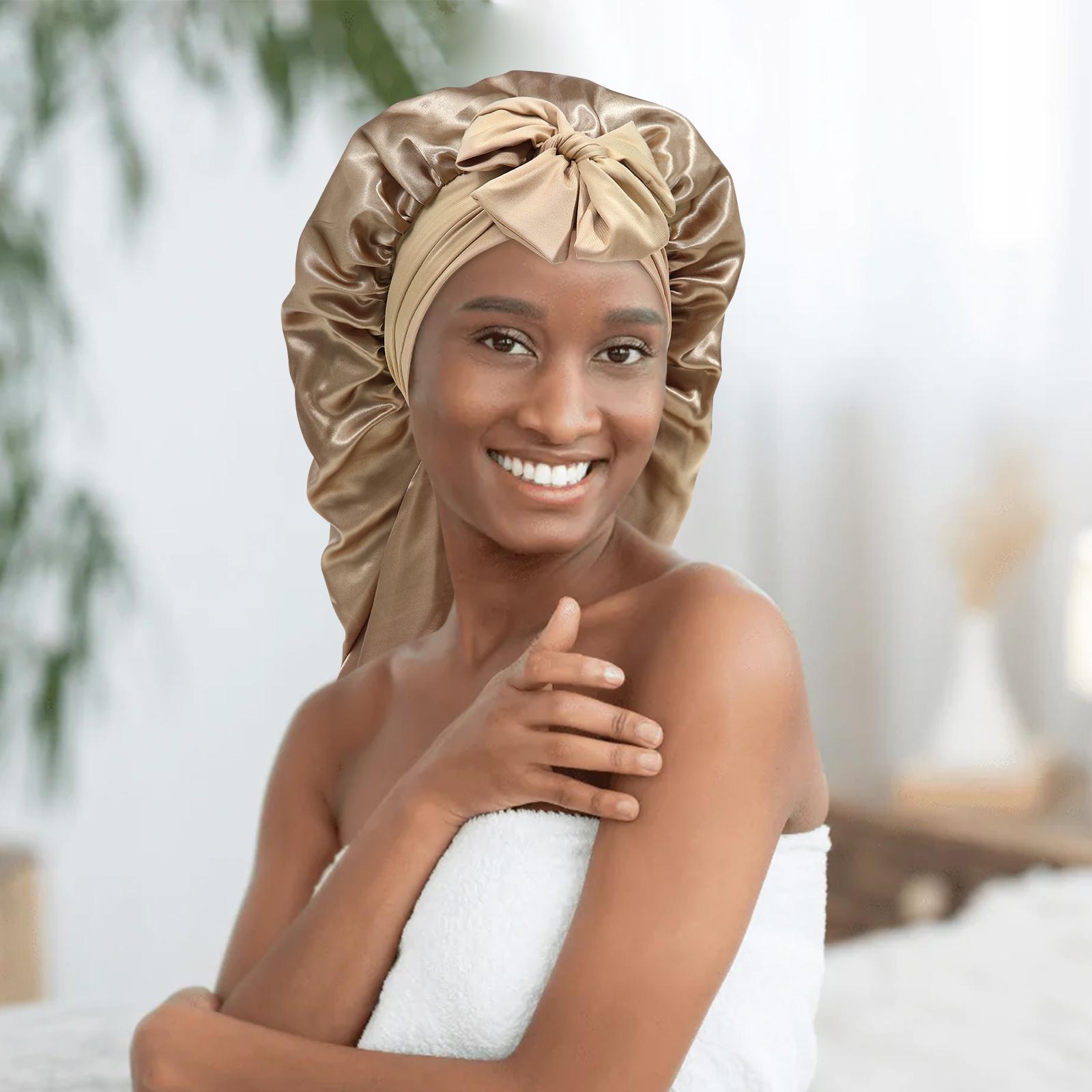 AWAYTR Long Satin Bonnet for Women Double Layer Elastic Silk Bonnet for Braids Hair Sleeping Cap with Tie Band
