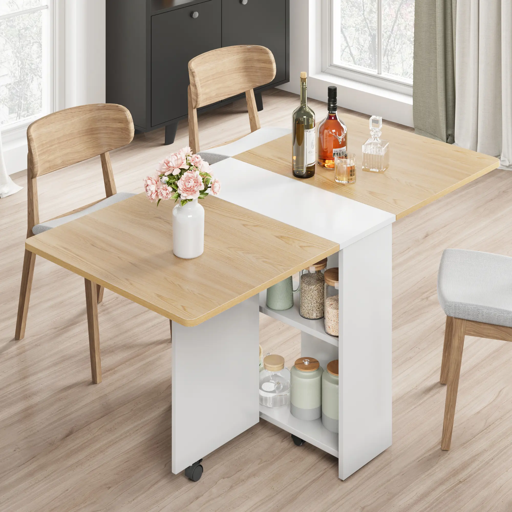 Mobile Folding Drop Leaf Dining Table with 6 Lockable Wheels and 2-Tier Storage, Space-Saving Extendable Kitchen Table for Small Apartments, Dorms, Studios, RV, or Home Office, Easy Assembly