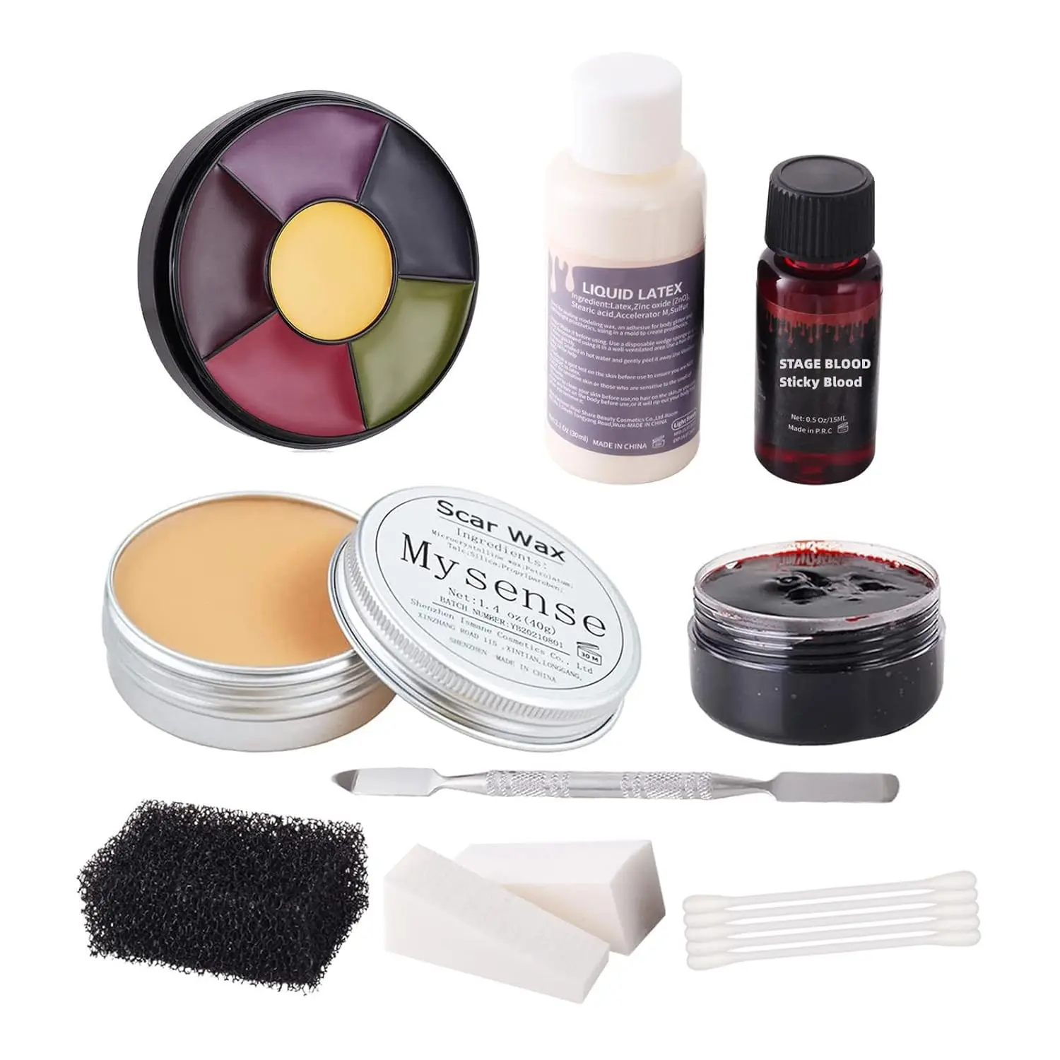 Liquid Latex Scar Wax SFX Makeup Kit for Fake Scars Wounds Burns With 6 Color Bruise Wheel Face Body Paint Stage Blood Coagulated Blood Gel and Spatula Sponges Q-tipsGift
