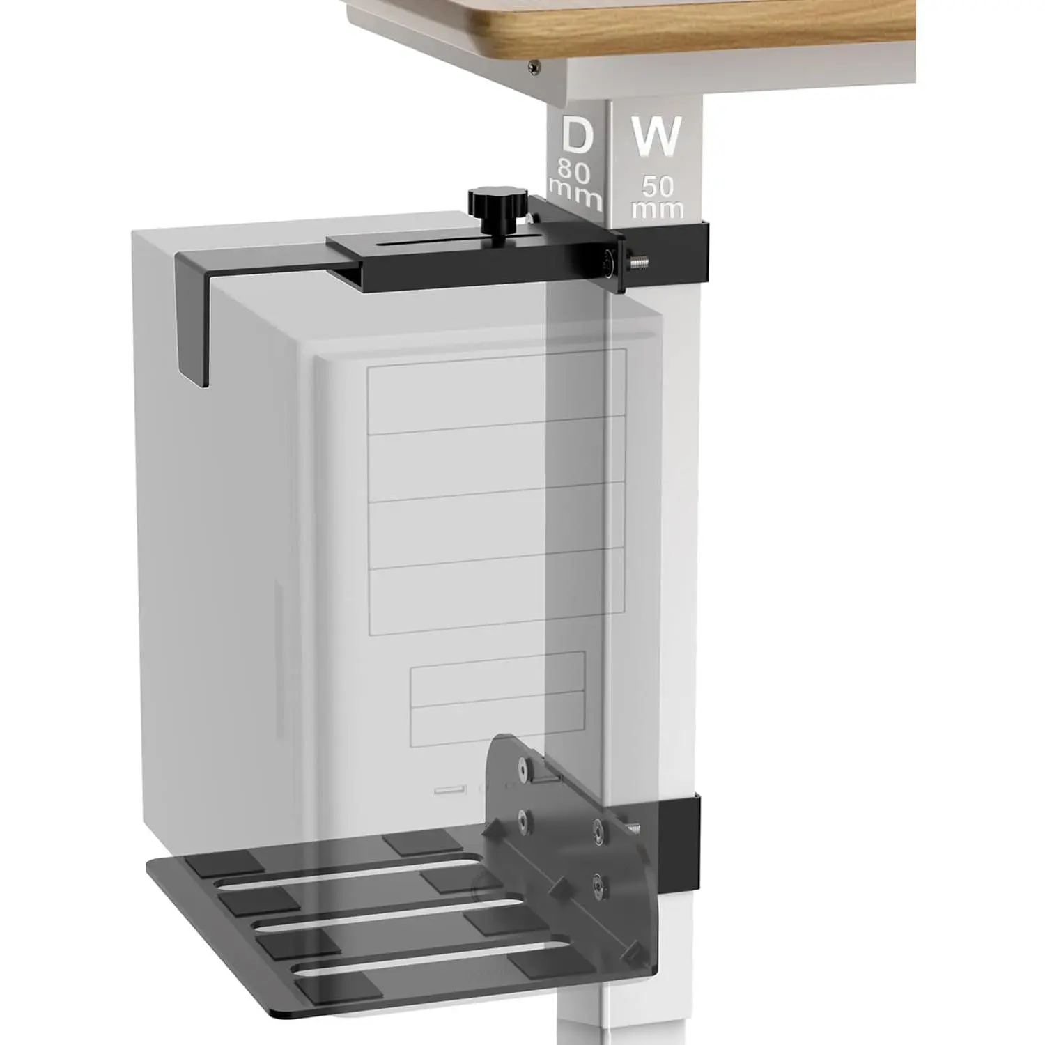 Black Heavy-Duty Alloy Steel Adjustable Under Desk PC Mount with Sturdy Base, Multi-Size Compatible for Computer Towers and Multiple Table Leg Dimensions (Fits 80×50, 75×45, 65×45 mm Sizes)