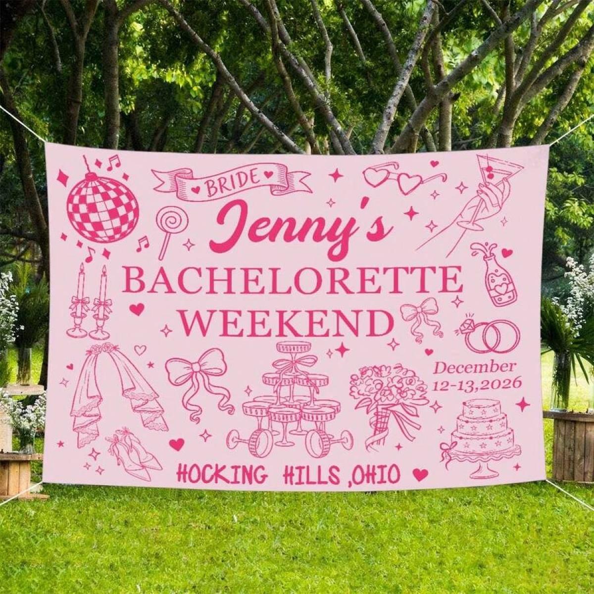 Custom Bachelorette Party Banner Tapestry, Personalized Party Wall Hangings Tapestries, Print Name/Location/Date On Background Cloth, Durable Peach Skin Fabric, Indoor/Outdoor Use, Unique Party Decor Gift For The Bride