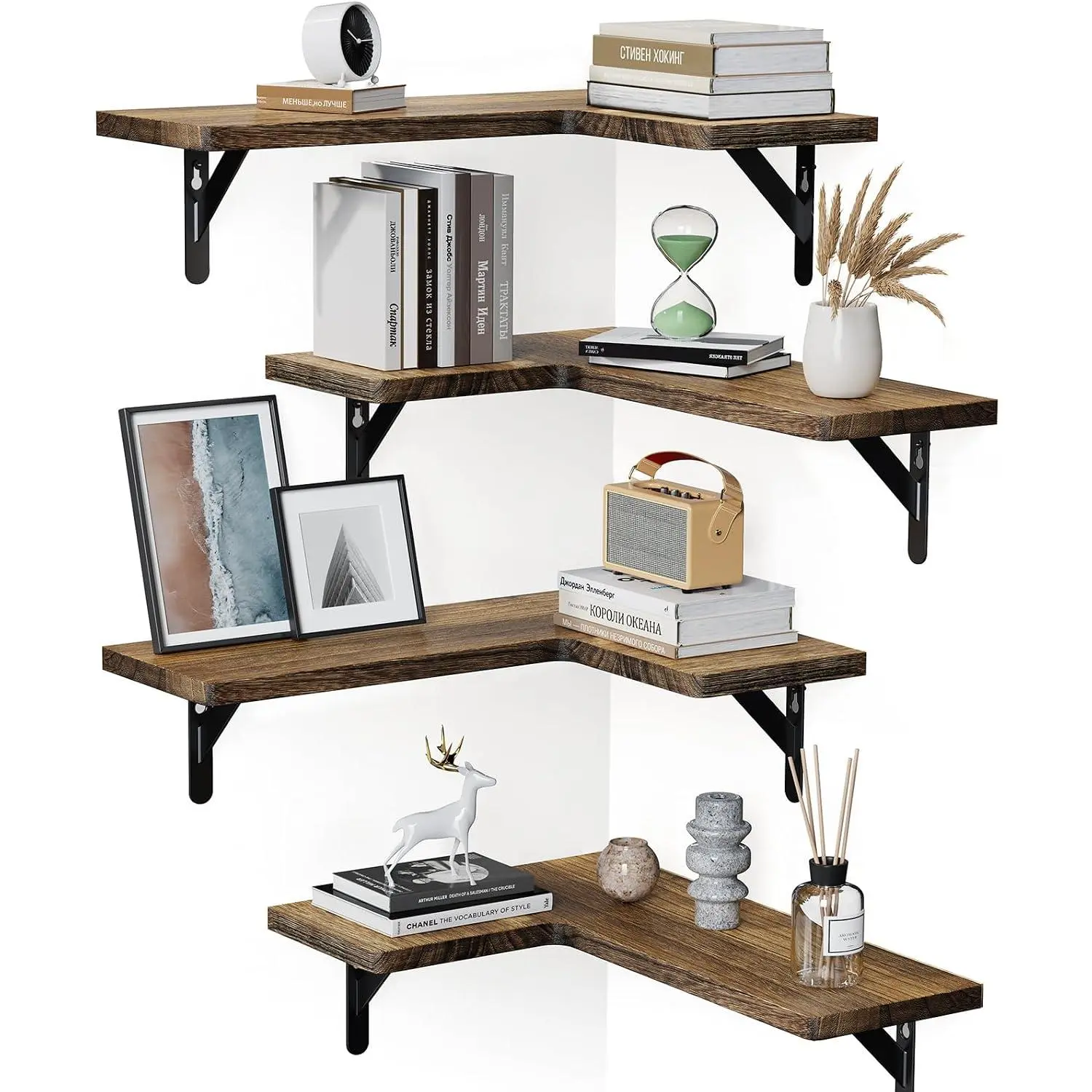 Corner Floating Shelves, Set of 4 Corner Wall Shelves, Shelves for Wall Decor, Corner  Shelves for  Decor, Office, Bedroom, Bathroom, Laundry Room, Kitchen, Brown