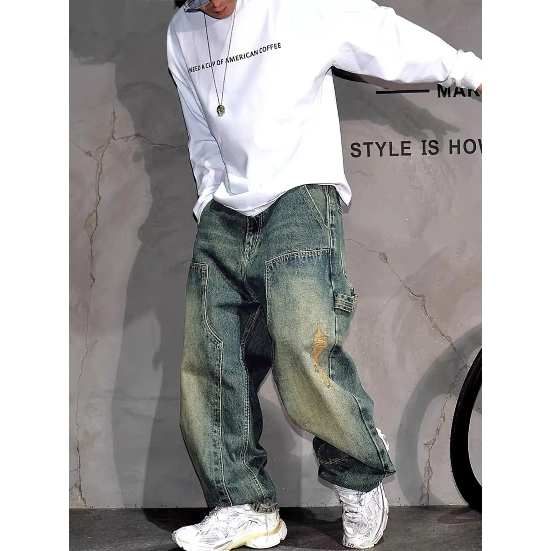 Men's Y2K Streetwear Washed Patchwork Distressed Denim Pocket Jeans, Patched Ripped Jeans, Loose Fit Casual Slimming Trendy Straight Leg Wide Leg Jeans