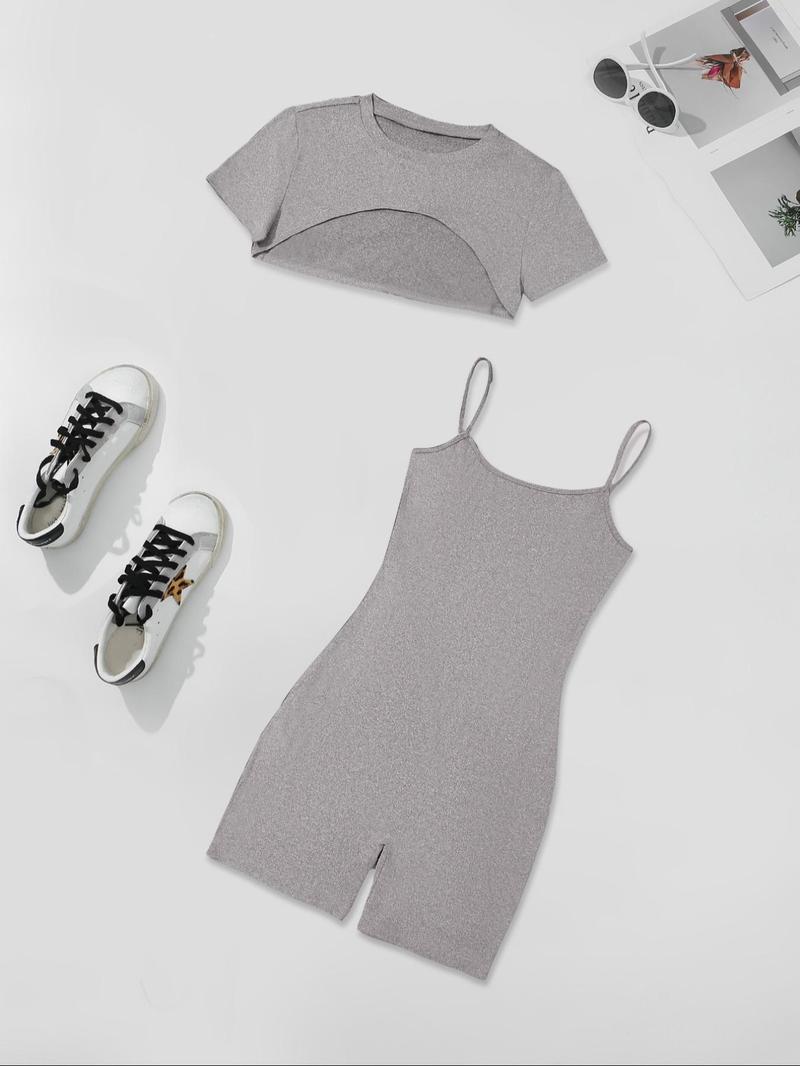 Four-Piece Set Women's Solid High Low Crop Tee & Cami Romper, Casual Short Sleeve Super Crop Top & Sleeveless Bodycon Romper, Summer Outfits 2025, Cute Summer Outfit