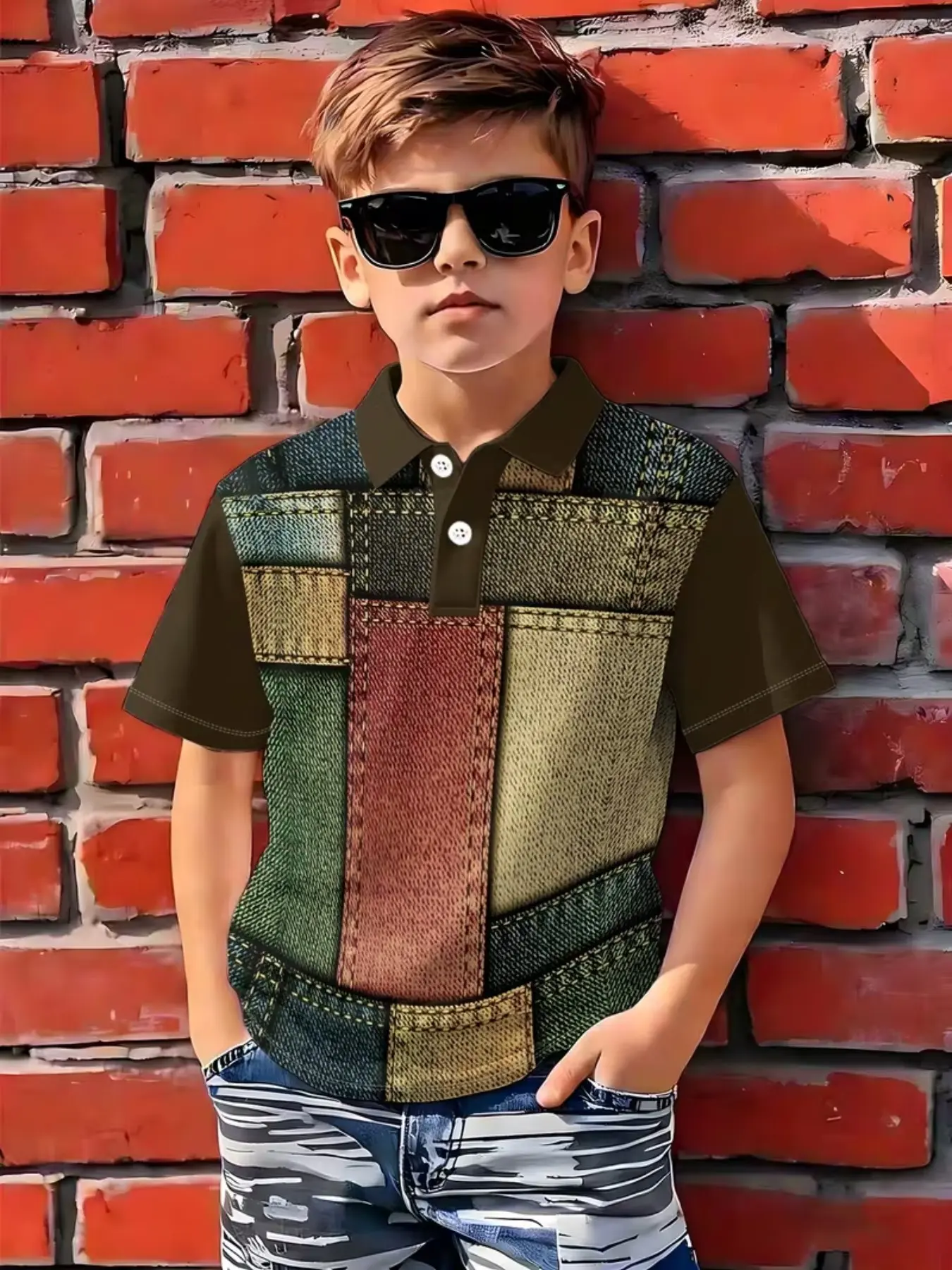 Patchwork Graphic Polo Shirt, Short Sleeve Casual Boys' Top, Multi-Color Geometric Design, Fashion Trendy Style