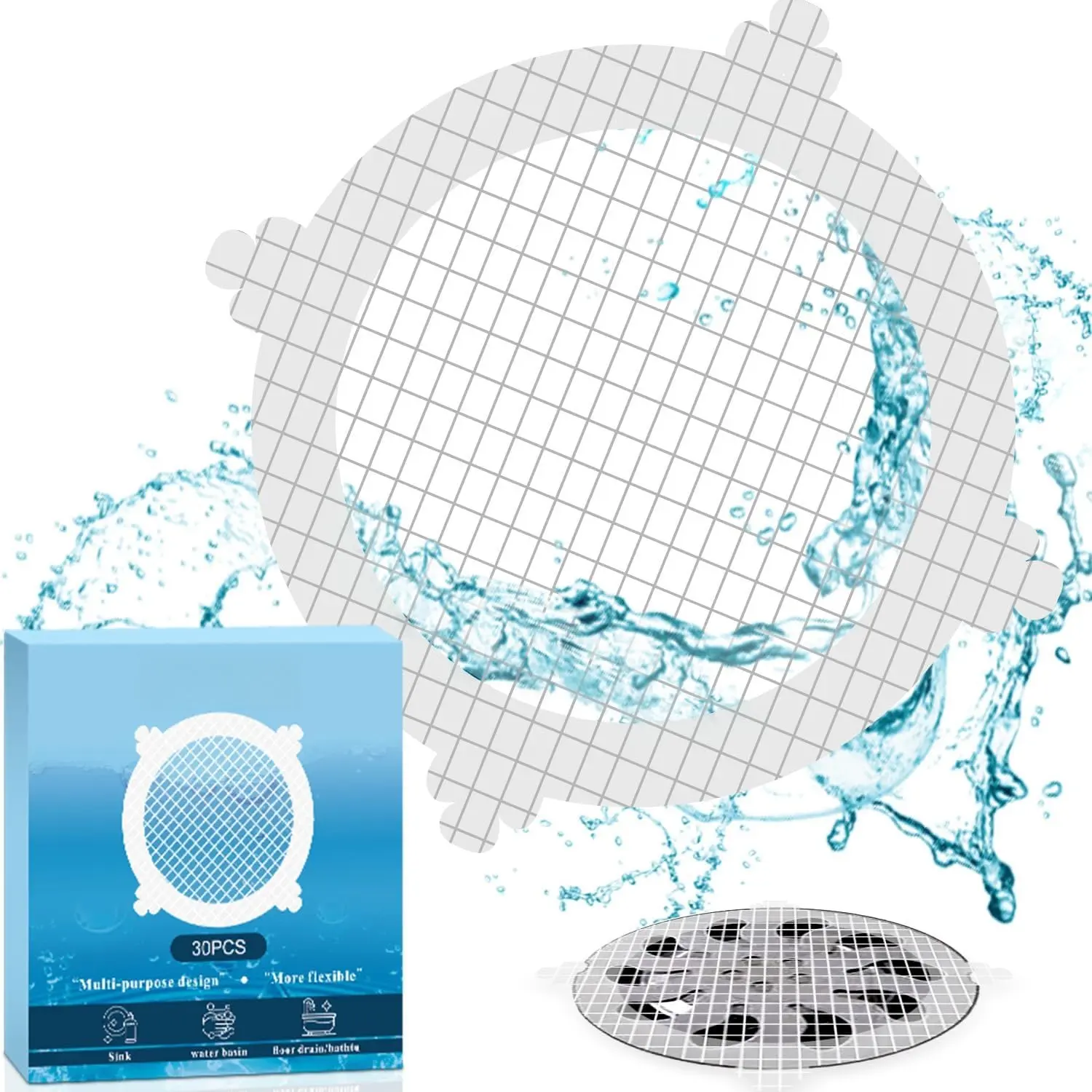 30-Piece Disposable Shower Drain Hair Catcher Cover - Modern Synthetic Mesh Stickers for Sink Drains, Peel-and-Stick, Stays Flat on Tile/Metal/Plastic, Toss-and-Replace Cleaning Solution No Scrubbing Needed