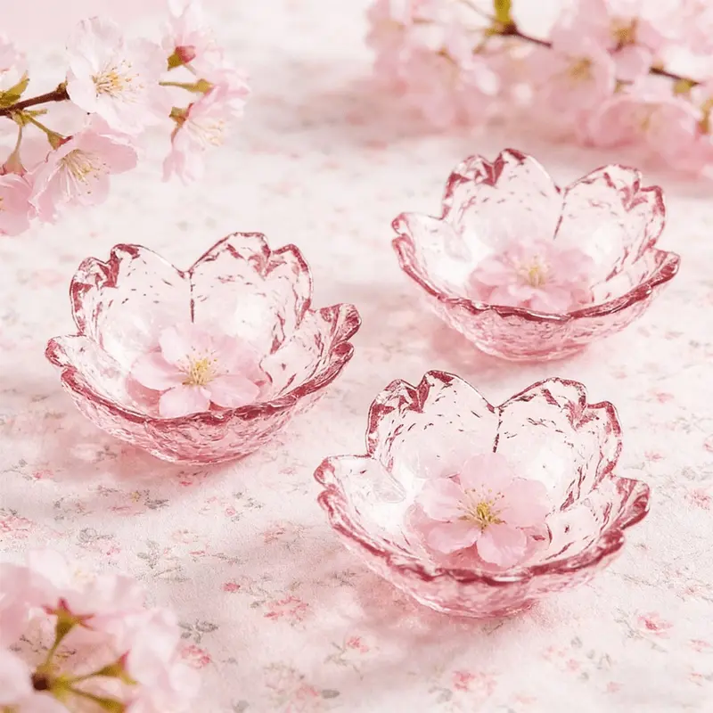 3 pink cherry glass saucers | Lovely petal-shaped mini bowls | Perfect for appetizers, tea bag holders, snack dipping bowls, sauces, jams, sushi and side dishes.