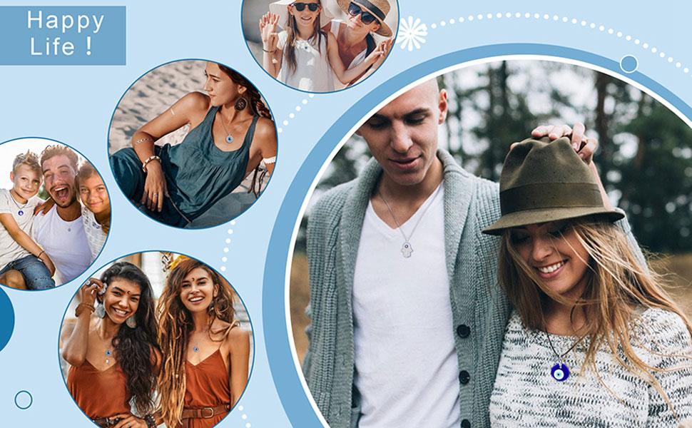 YADOCA 12/15Pcs Evil Eye Necklace, Bracelet, Earring, Ring, Keychain  Hamsa Hand Pendant - Turkish Protection Jewelry Set with 50Pcs Evil Eye Stickers