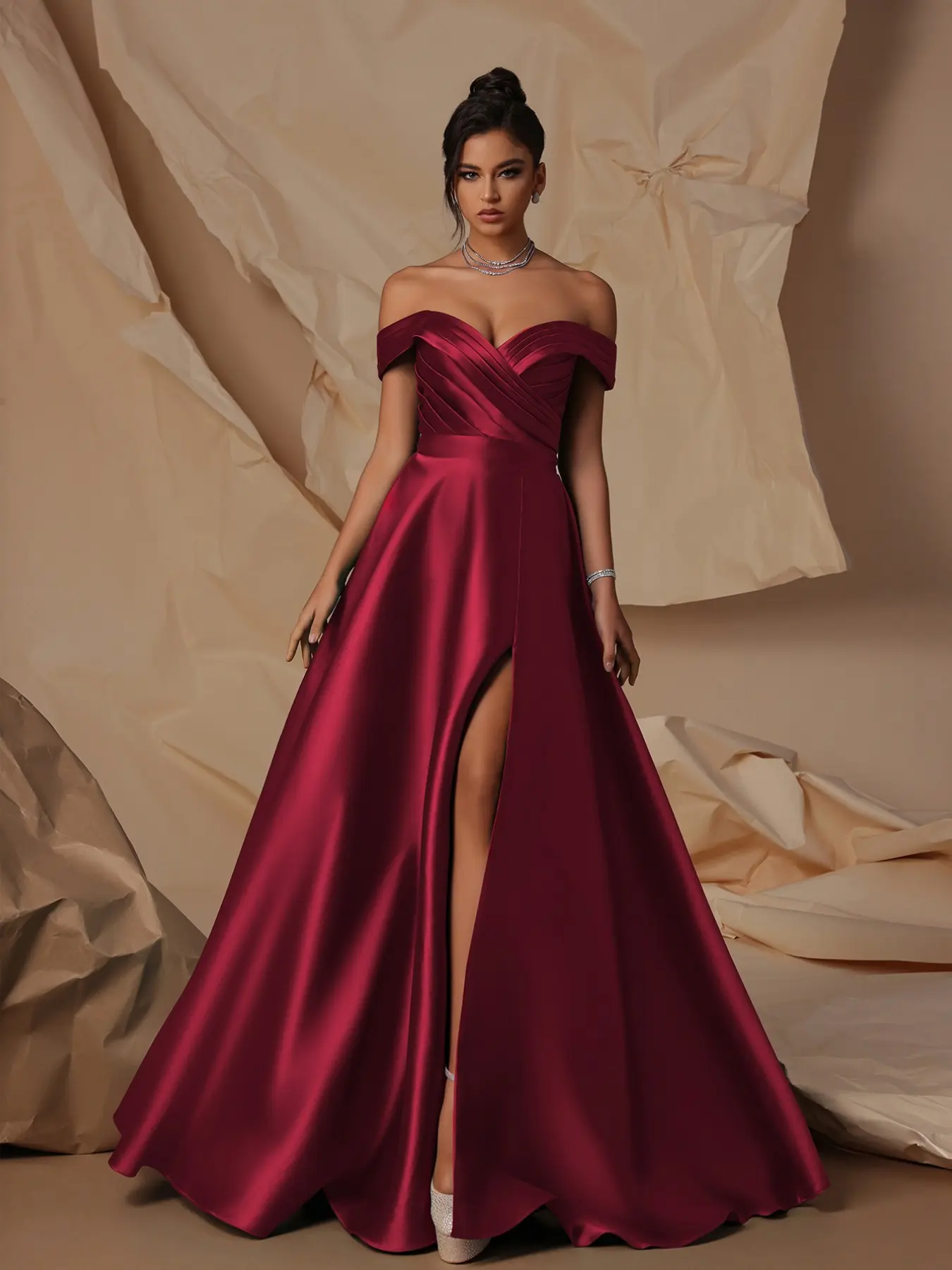 Elegant Strapless High Slit Satin Long Evening Gown, Formal, Chic Party Dress, Women's Fashion Gala Dress, Wedding Guest Attire, Ballroom Wear