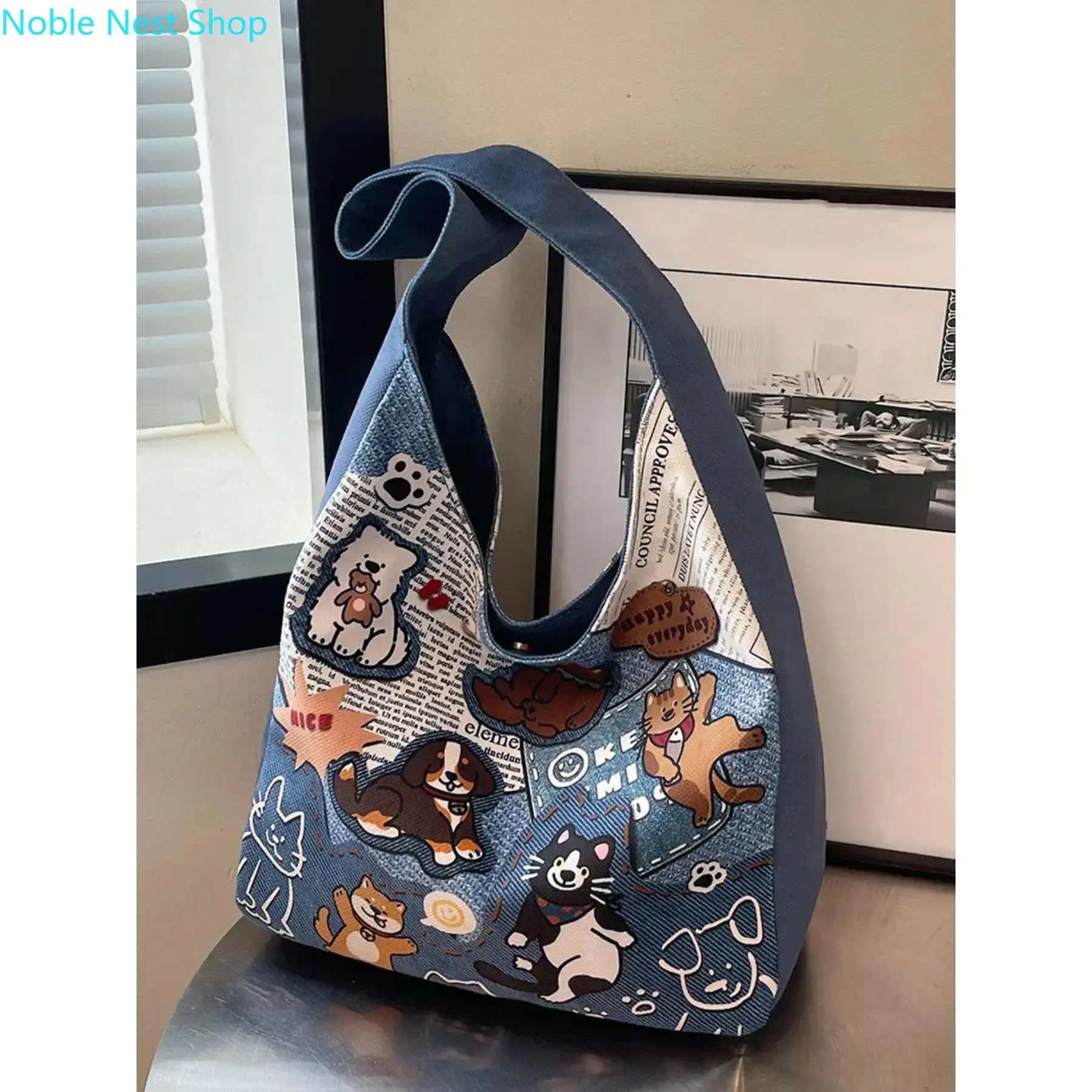 Women’s Cartoon Playful Animal Print Waterproof Leather Tote Bag - Large Capacity Lightweight Shoulder Shopper with Spacious Interior, Year-Round Aesthetic Handbag for College & Work, Large Size